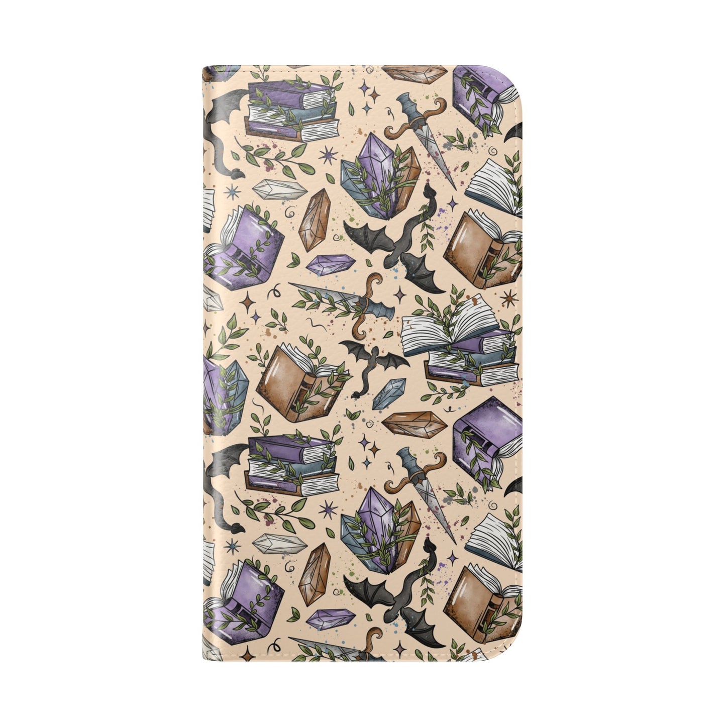 Witchy Bookish Flip Phone Case – Crystal, Bat & Spellbook Wallet Cover