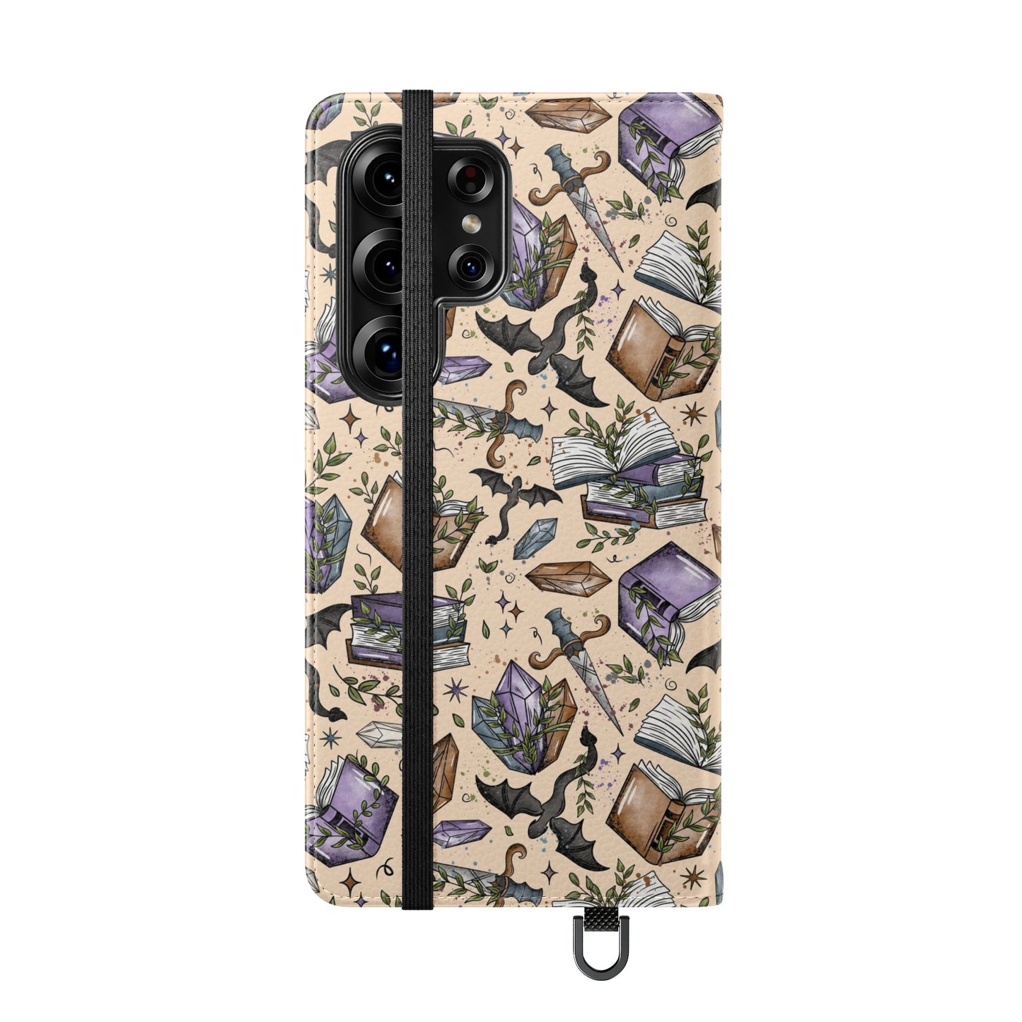 Witchy Bookish Flip Phone Case – Crystal, Bat & Spellbook Wallet Cover