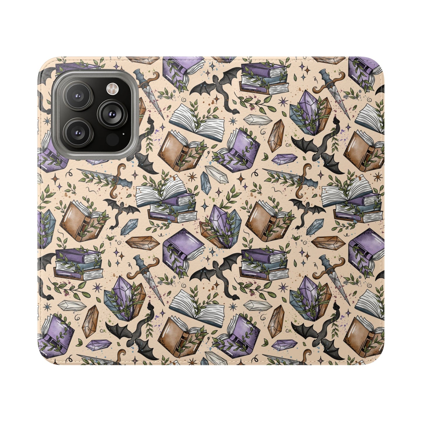 Witchy Bookish Flip Phone Case – Crystal, Bat & Spellbook Wallet Cover