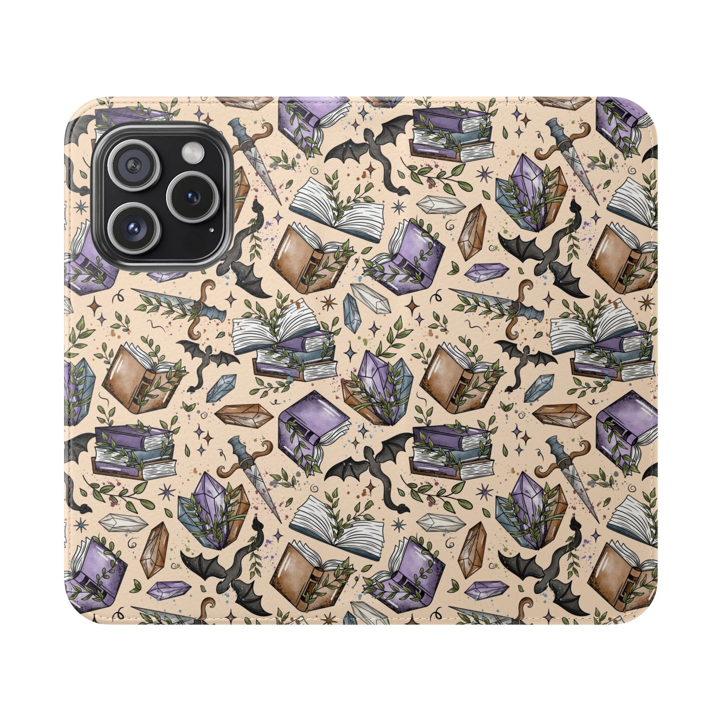 Witchy Bookish Flip Phone Case – Crystal, Bat & Spellbook Wallet Cover
