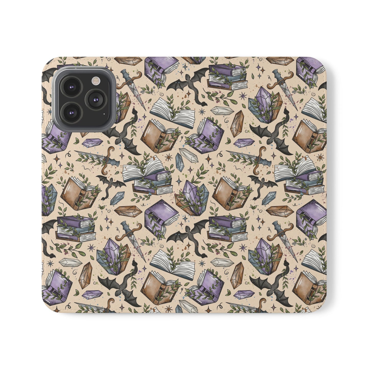 Witchy Bookish Flip Phone Case – Crystal, Bat & Spellbook Wallet Cover