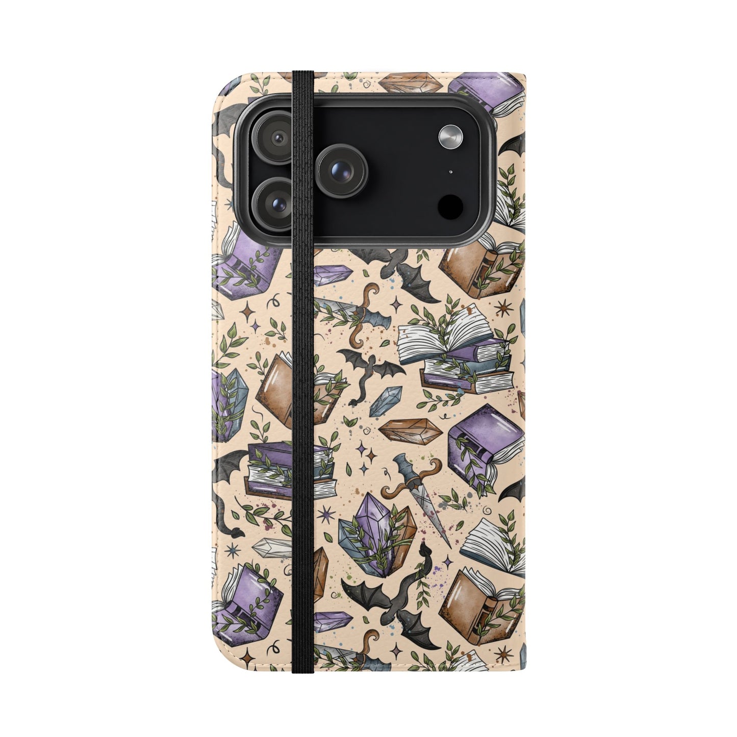 Witchy Bookish Flip Phone Case – Crystal, Bat & Spellbook Wallet Cover