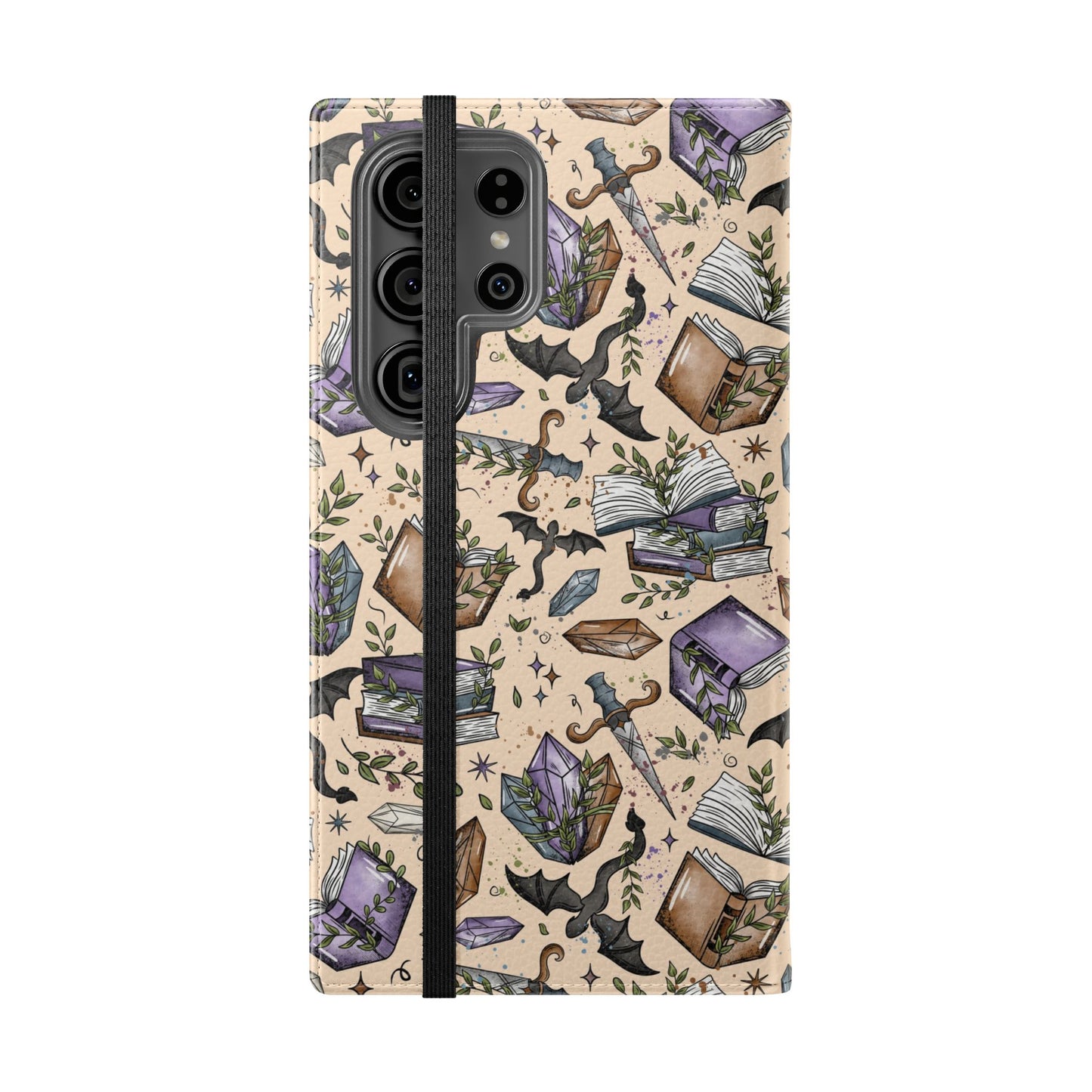 Witchy Bookish Flip Phone Case – Crystal, Bat & Spellbook Wallet Cover