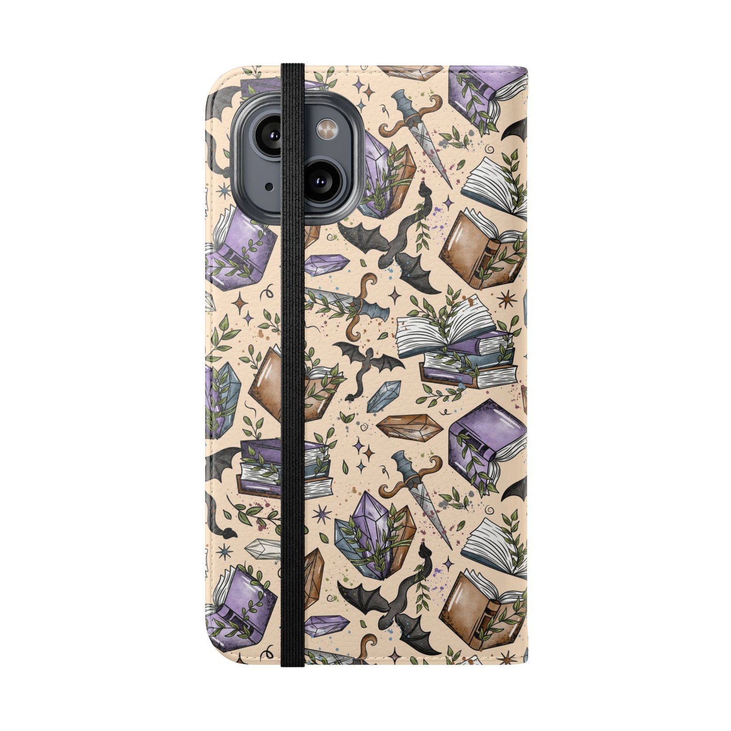 Witchy Bookish Flip Phone Case – Crystal, Bat & Spellbook Wallet Cover