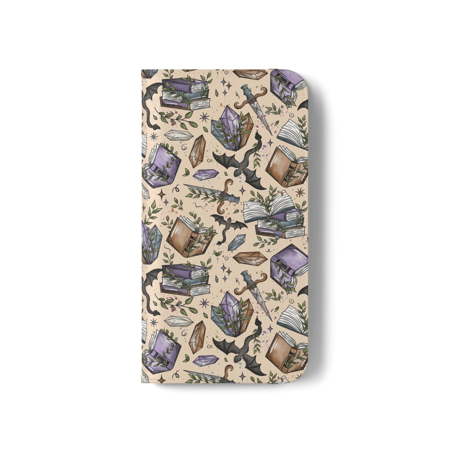 Witchy Bookish Flip Phone Case – Crystal, Bat & Spellbook Wallet Cover