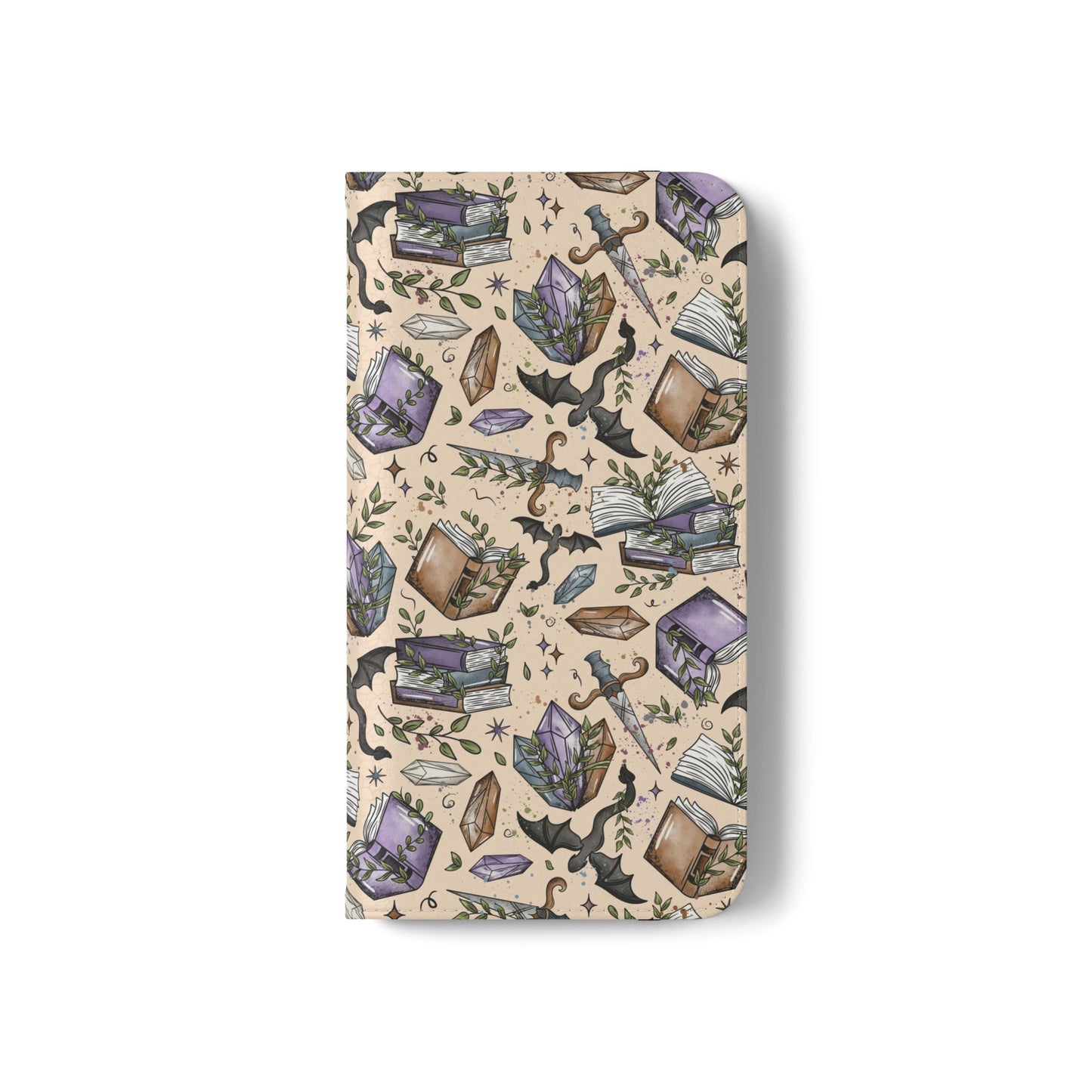 Witchy Bookish Flip Phone Case – Crystal, Bat & Spellbook Wallet Cover