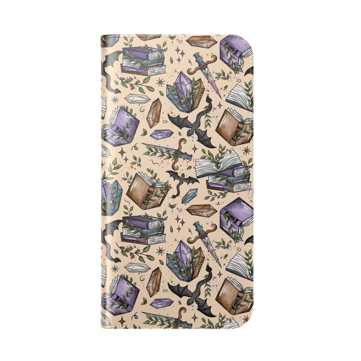 Witchy Bookish Flip Phone Case – Crystal, Bat & Spellbook Wallet Cover