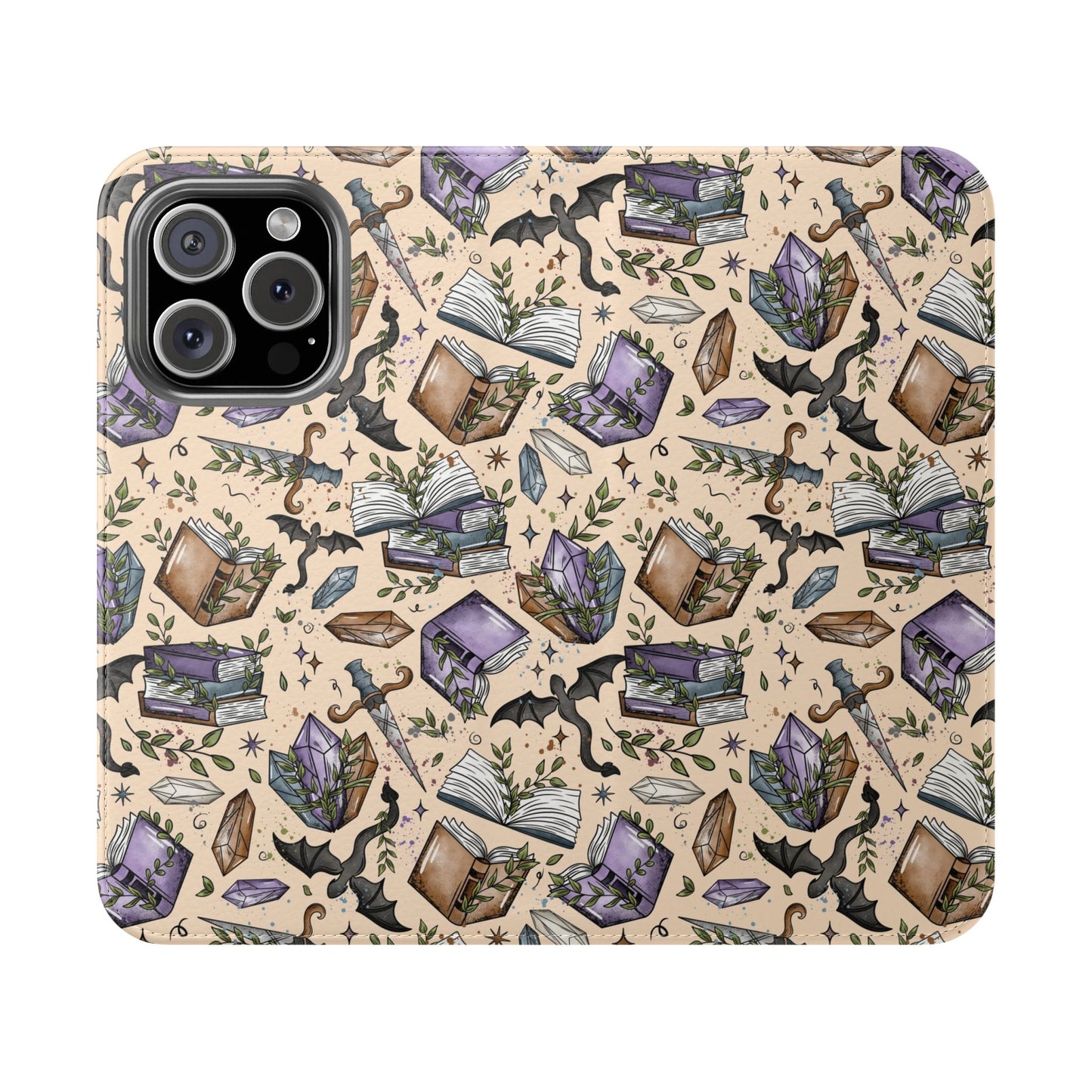 Witchy Bookish Flip Phone Case – Crystal, Bat & Spellbook Wallet Cover