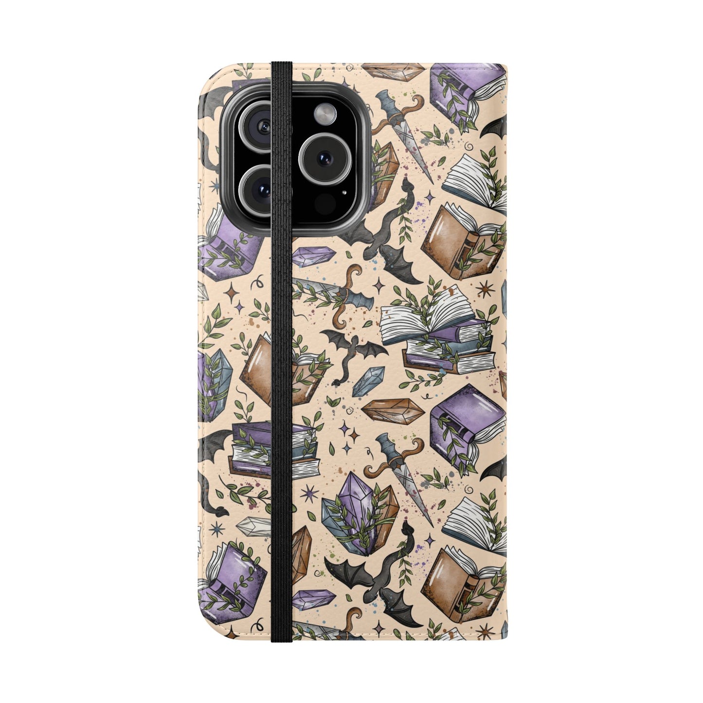 Witchy Bookish Flip Phone Case – Crystal, Bat & Spellbook Wallet Cover