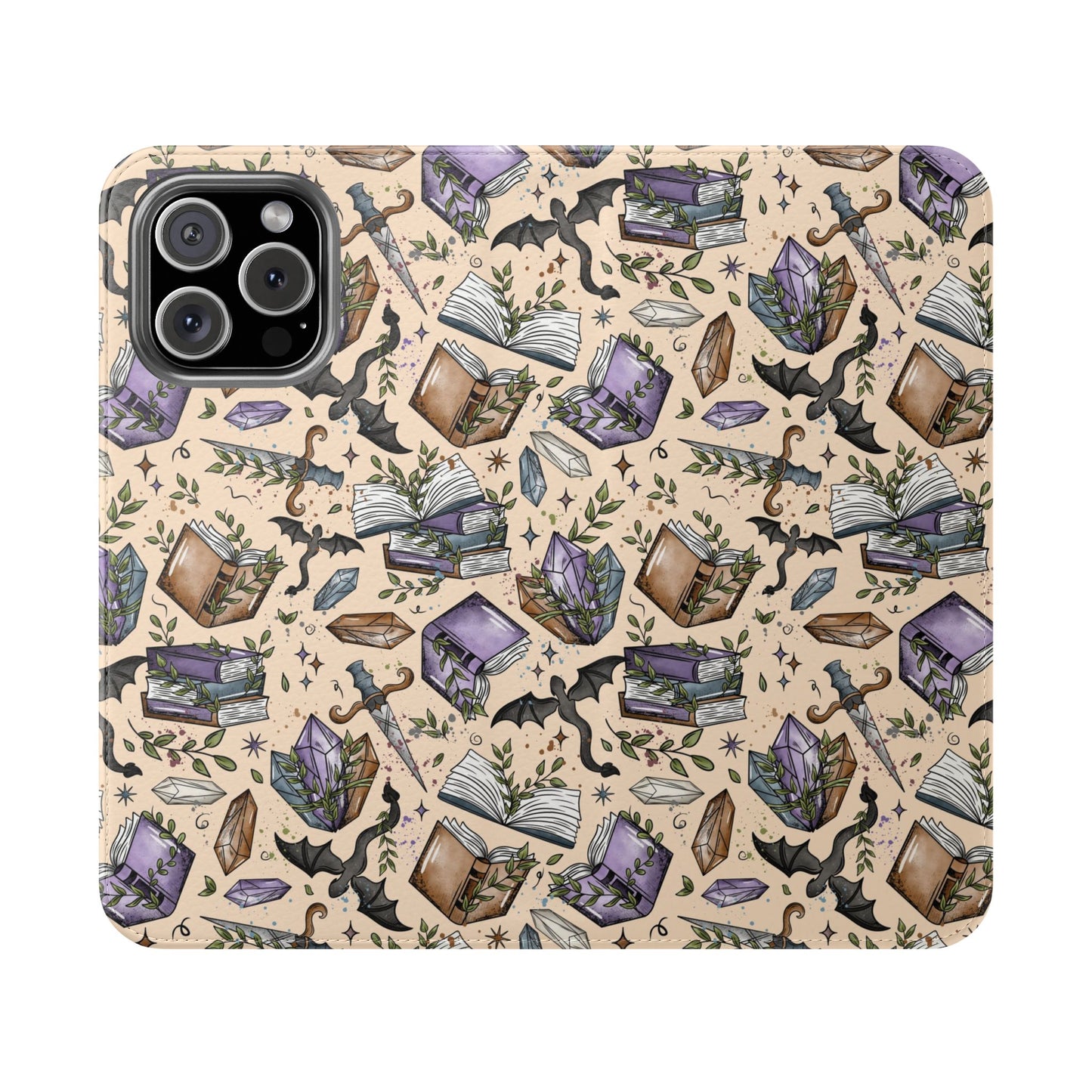 Witchy Bookish Flip Phone Case – Crystal, Bat & Spellbook Wallet Cover