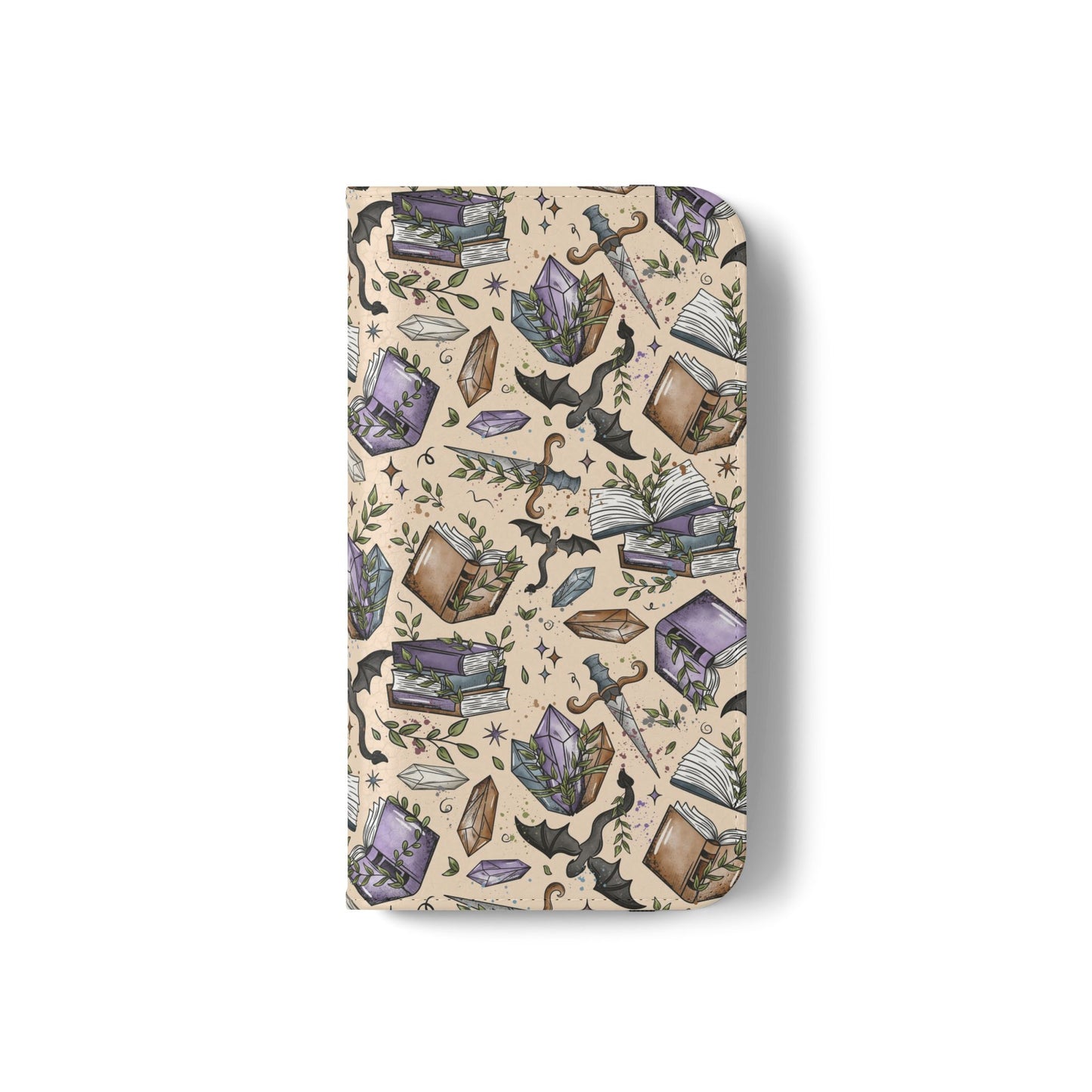 Witchy Bookish Flip Phone Case – Crystal, Bat & Spellbook Wallet Cover