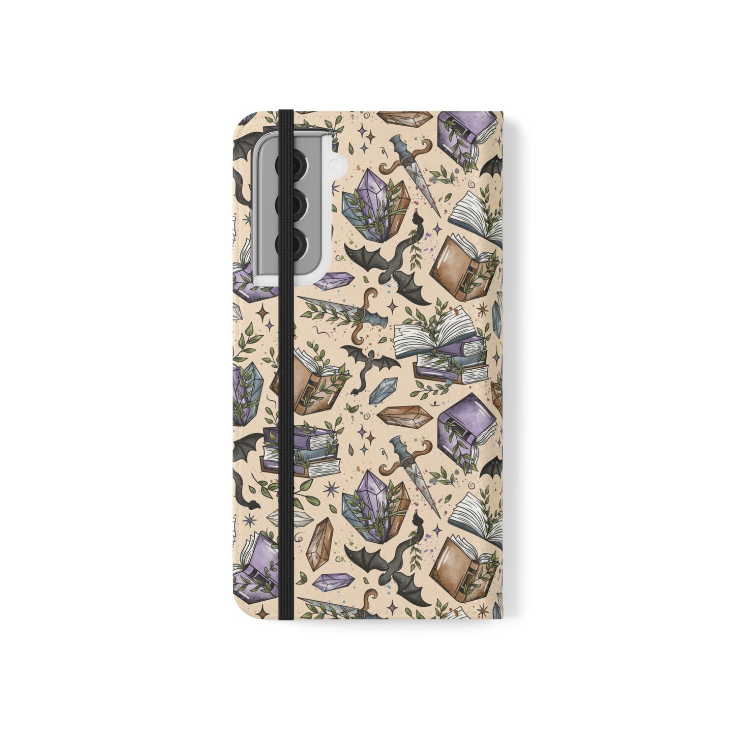 Witchy Bookish Flip Phone Case – Crystal, Bat & Spellbook Wallet Cover
