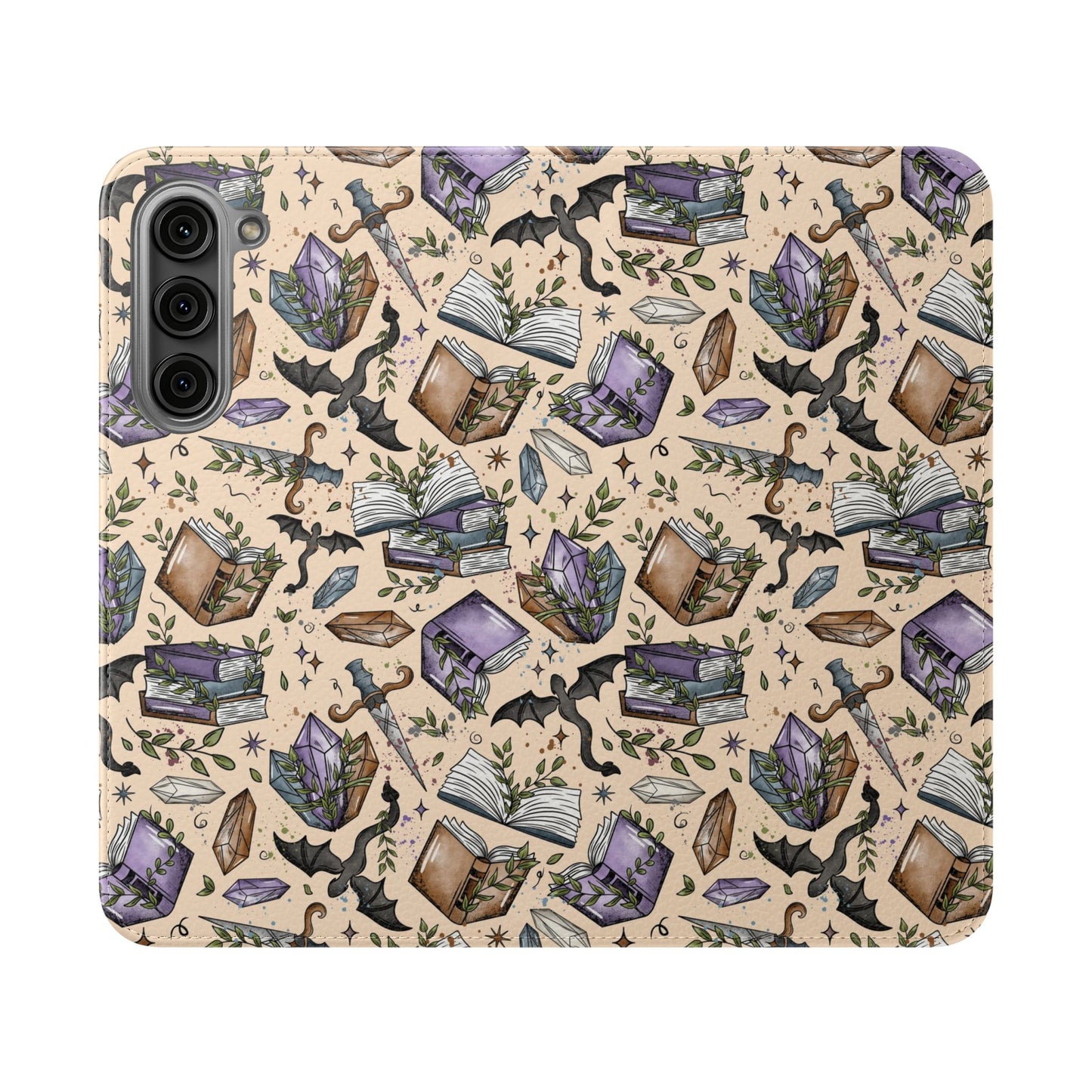 Witchy Bookish Flip Phone Case – Crystal, Bat & Spellbook Wallet Cover