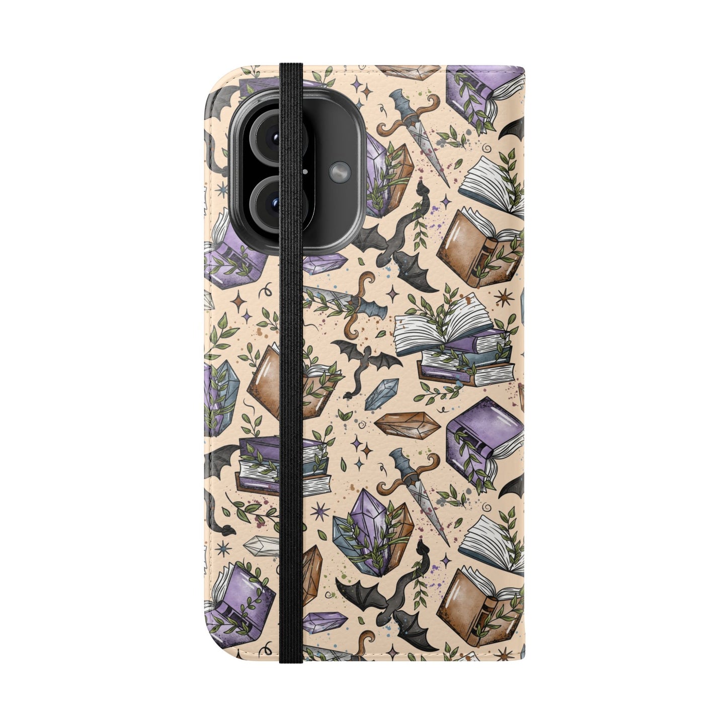 Witchy Bookish Flip Phone Case – Crystal, Bat & Spellbook Wallet Cover