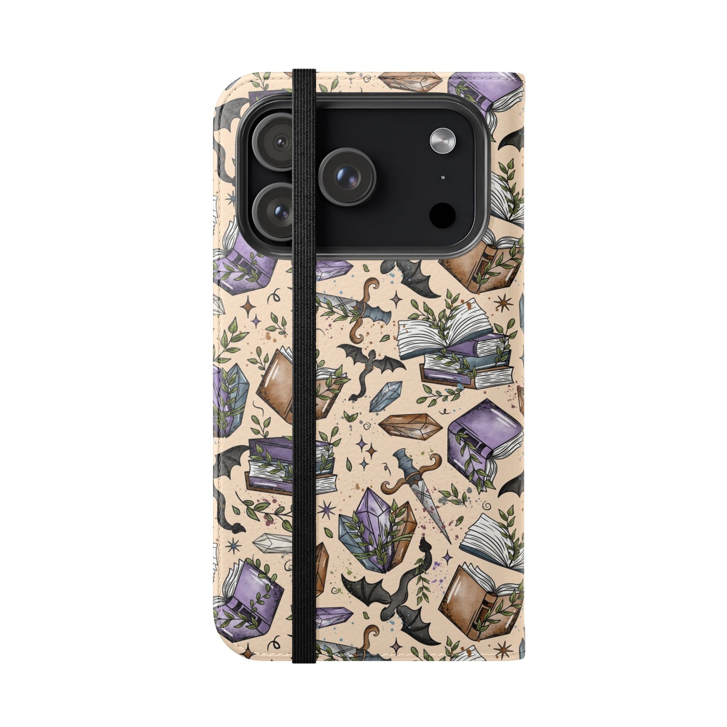 Witchy Bookish Flip Phone Case – Crystal, Bat & Spellbook Wallet Cover