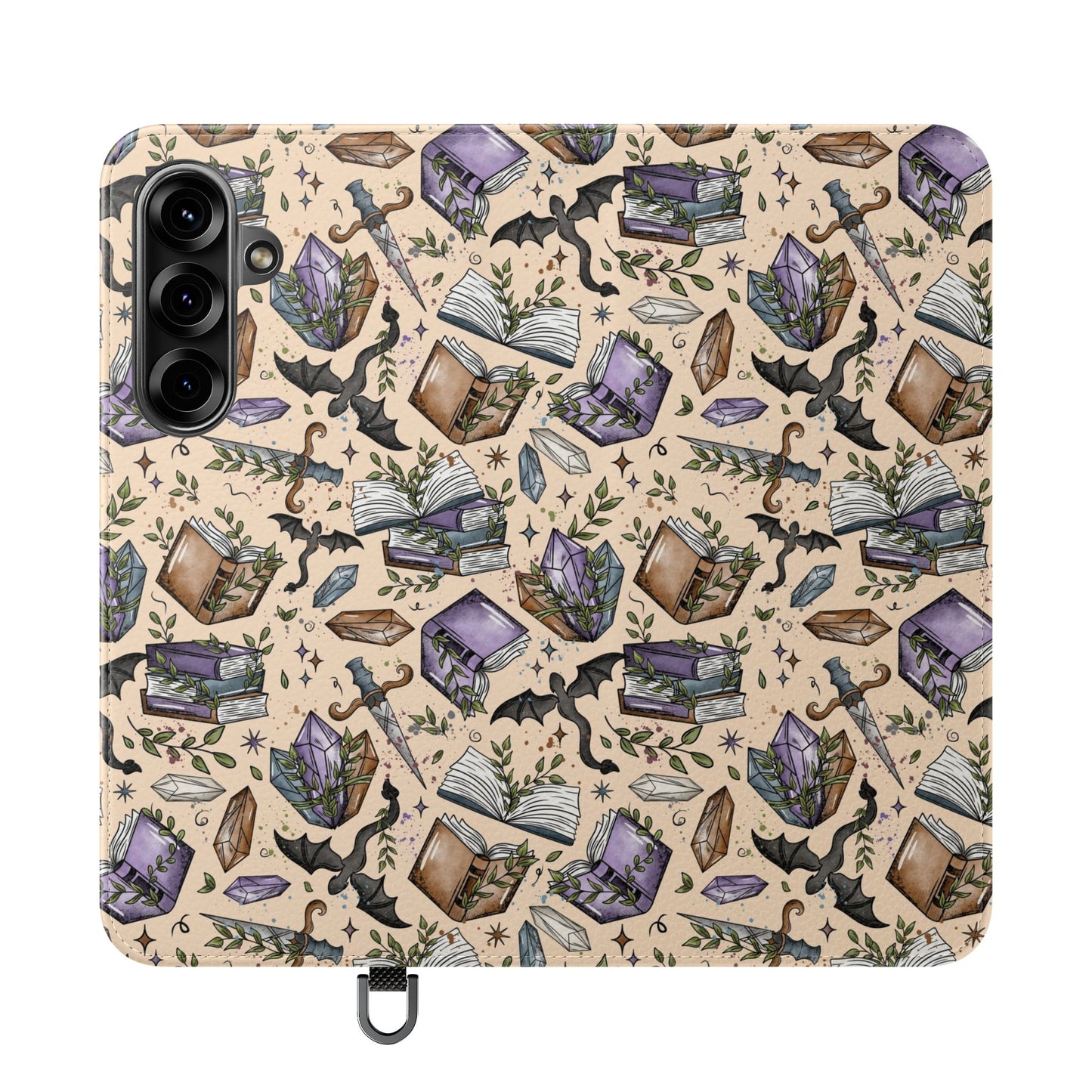 Witchy Bookish Flip Phone Case – Crystal, Bat & Spellbook Wallet Cover