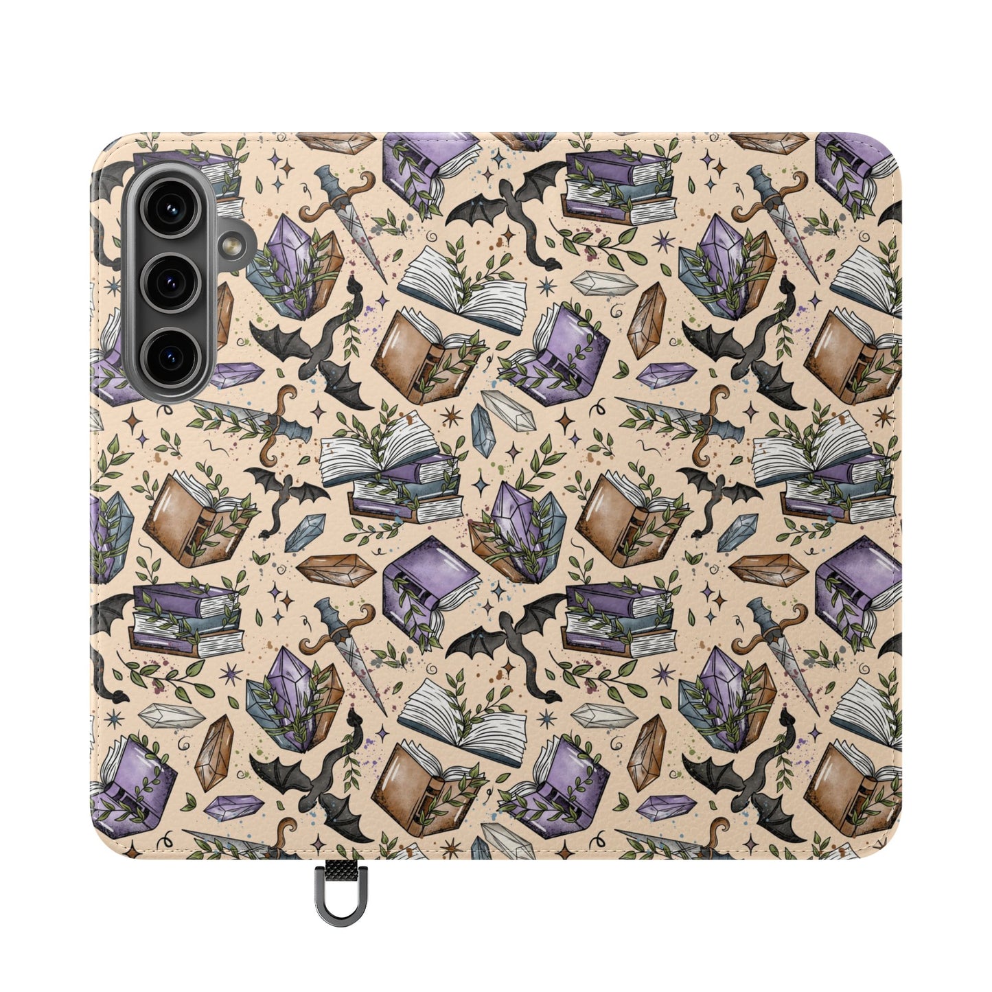 Witchy Bookish Flip Phone Case – Crystal, Bat & Spellbook Wallet Cover