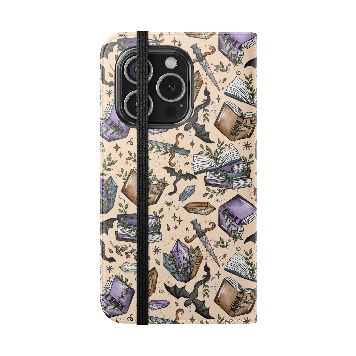 Witchy Bookish Flip Phone Case – Crystal, Bat & Spellbook Wallet Cover