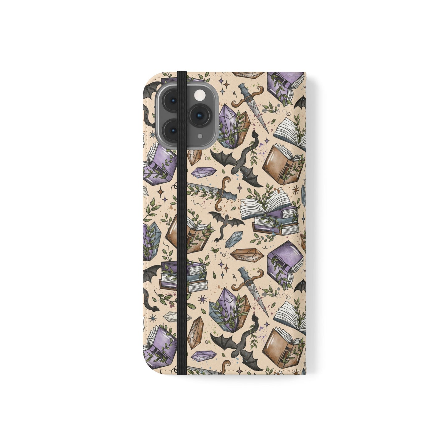 Witchy Bookish Flip Phone Case – Crystal, Bat & Spellbook Wallet Cover