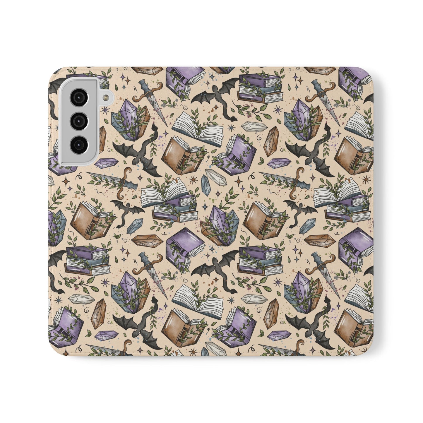 Witchy Bookish Flip Phone Case – Crystal, Bat & Spellbook Wallet Cover