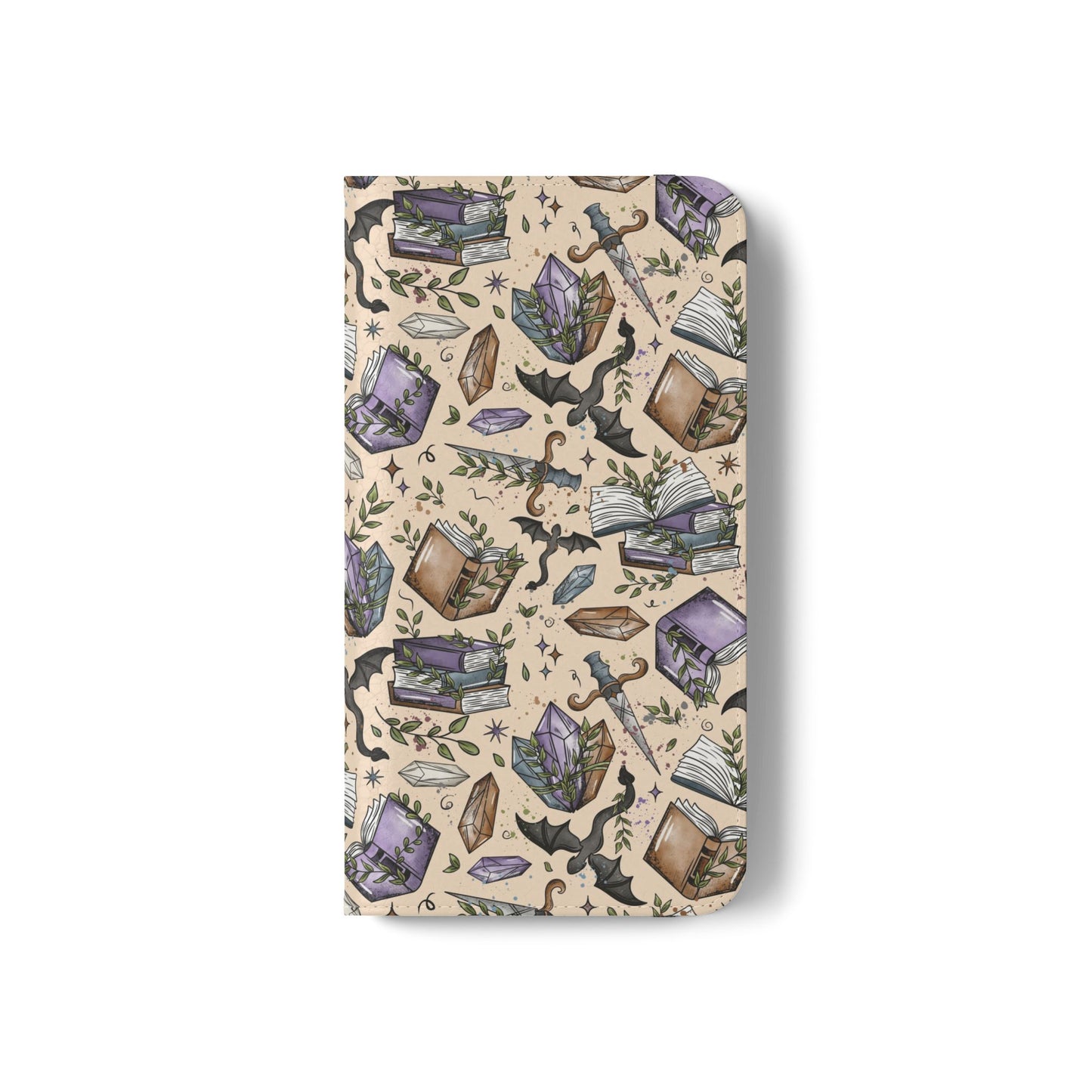 Witchy Bookish Flip Phone Case – Crystal, Bat & Spellbook Wallet Cover