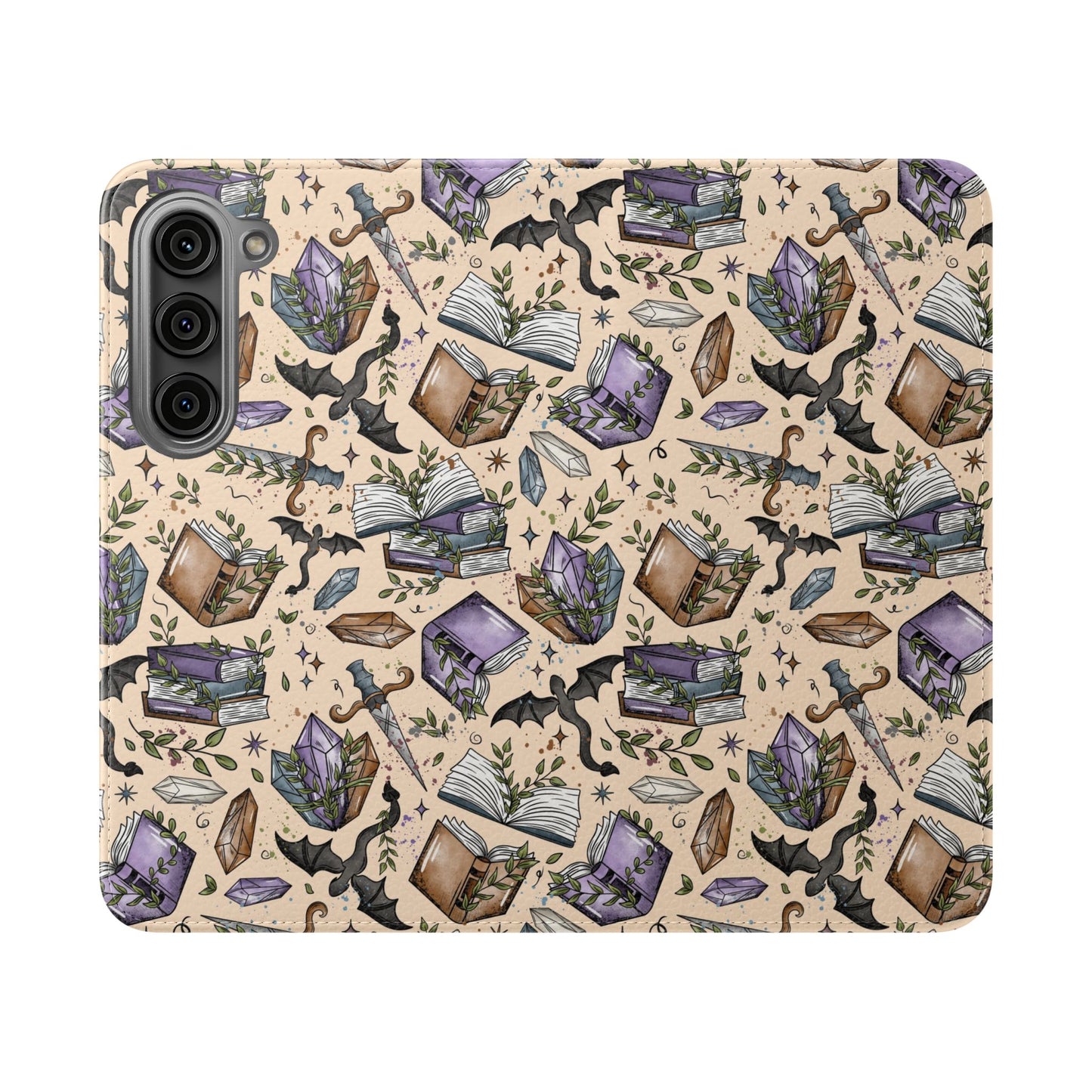 Witchy Bookish Flip Phone Case – Crystal, Bat & Spellbook Wallet Cover