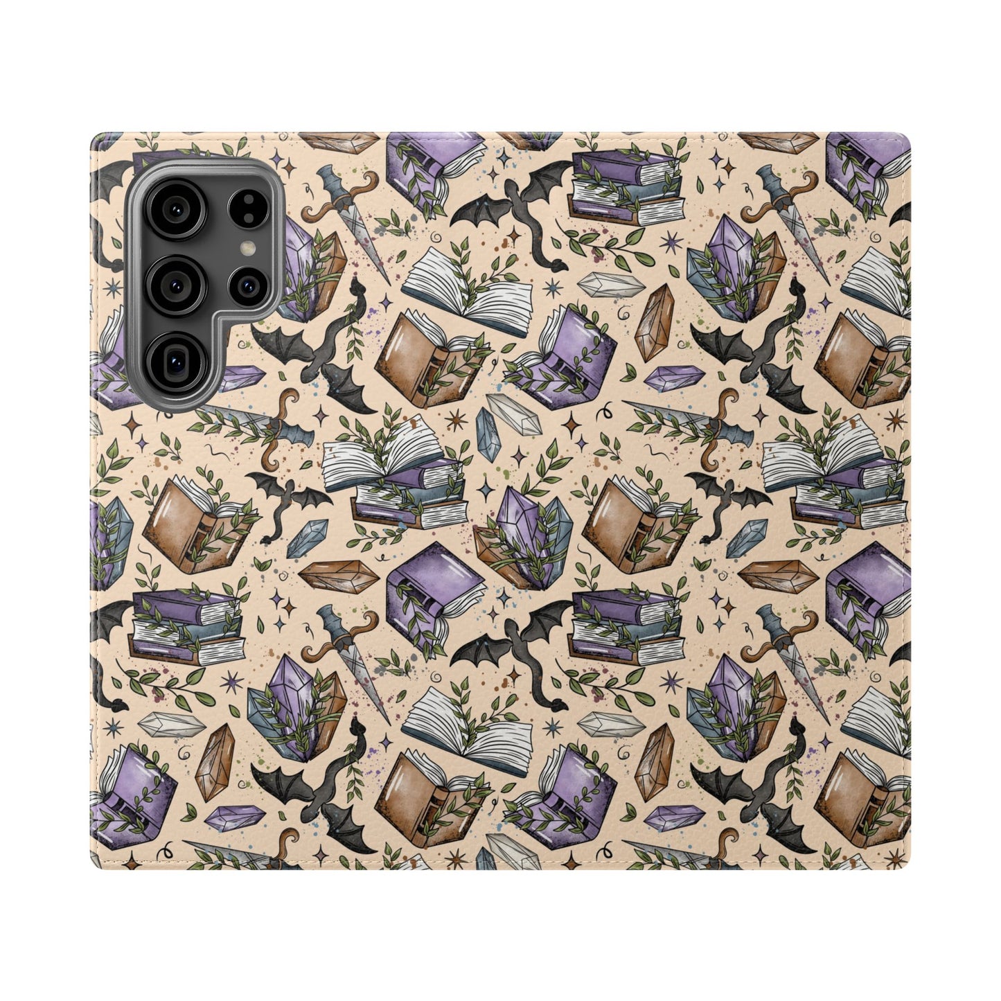 Witchy Bookish Flip Phone Case – Crystal, Bat & Spellbook Wallet Cover
