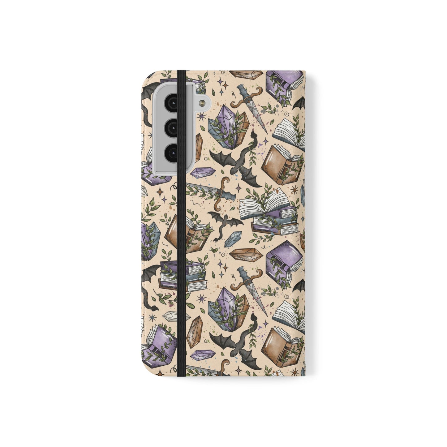 Witchy Bookish Flip Phone Case – Crystal, Bat & Spellbook Wallet Cover