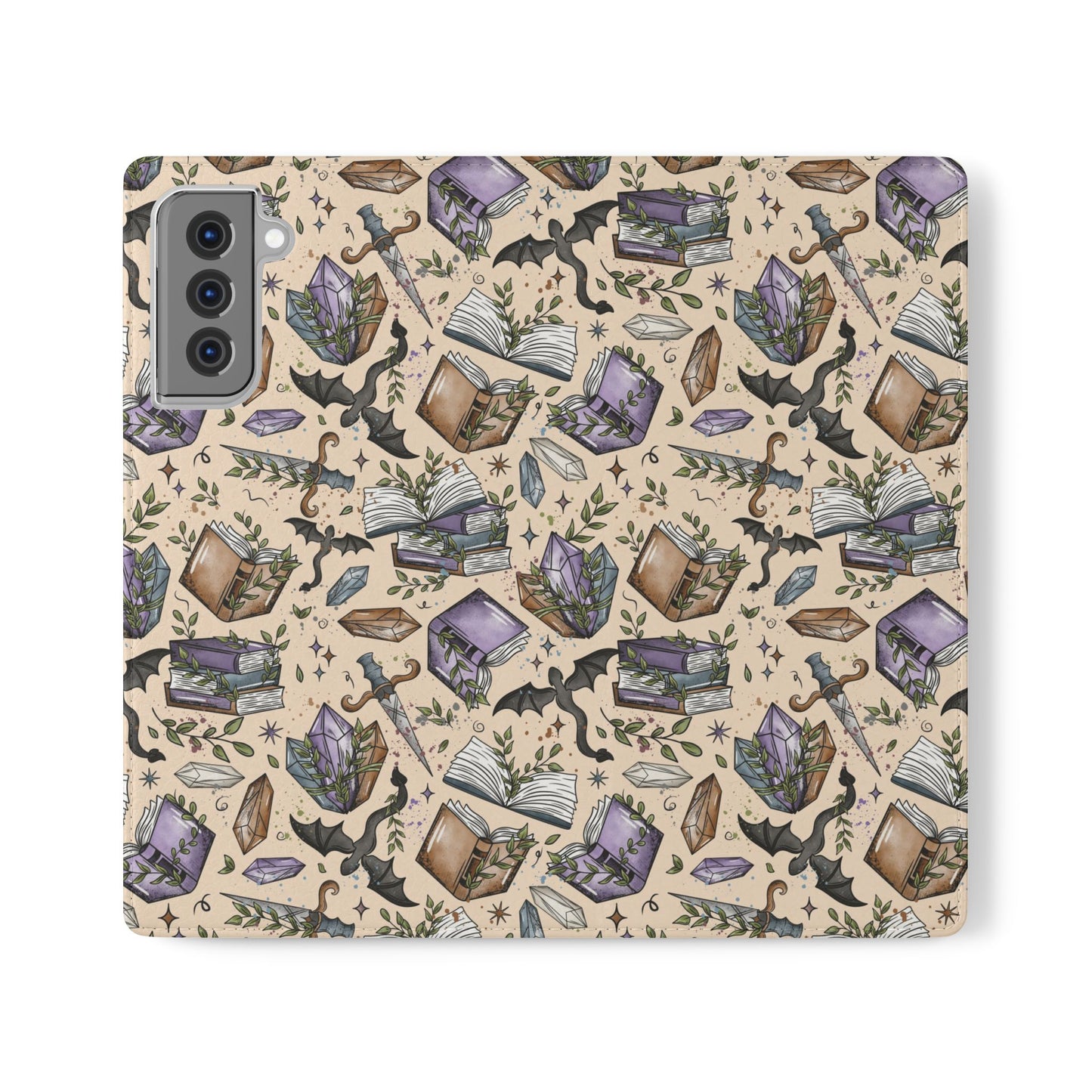 Witchy Bookish Flip Phone Case – Crystal, Bat & Spellbook Wallet Cover