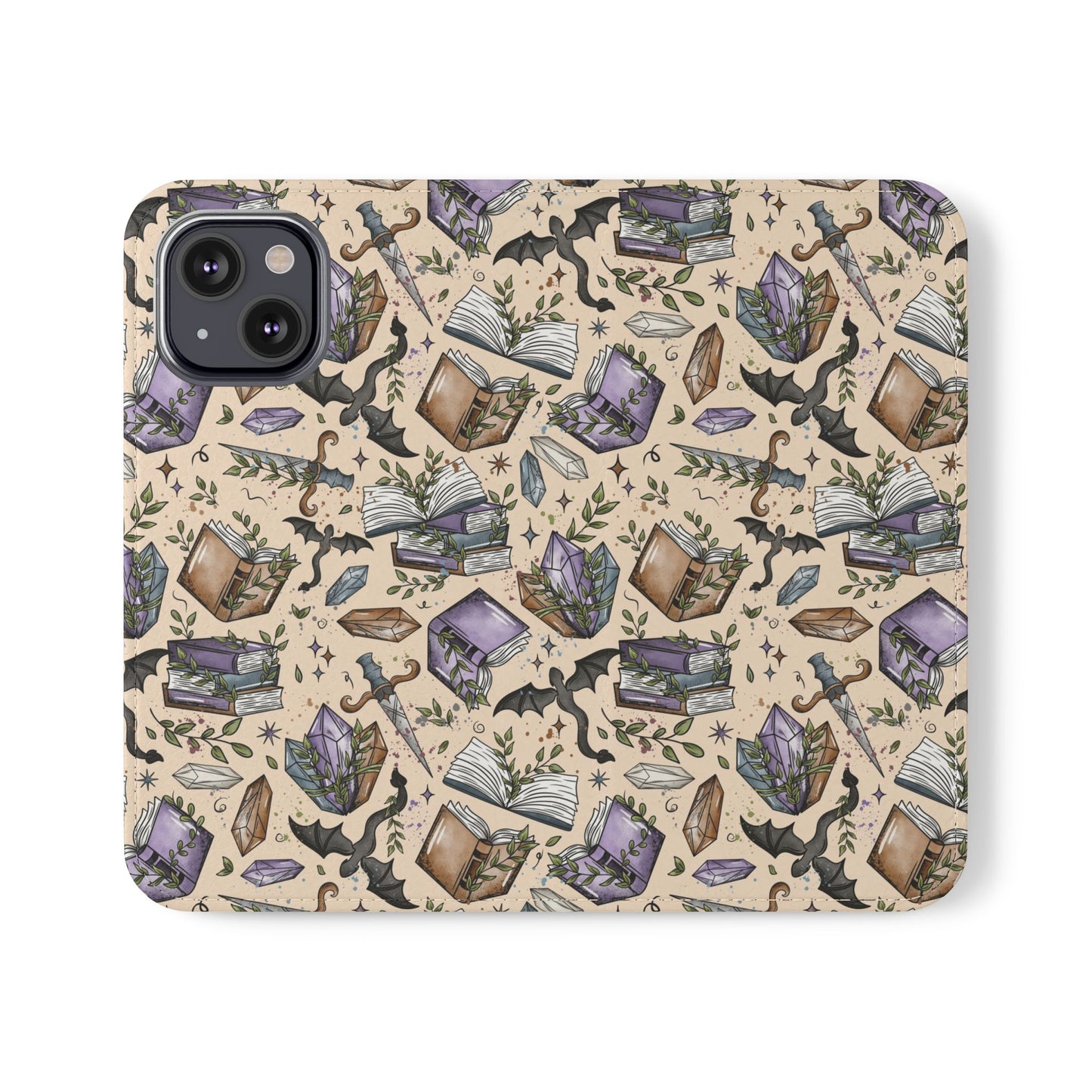 Witchy Bookish Flip Phone Case – Crystal, Bat & Spellbook Wallet Cover