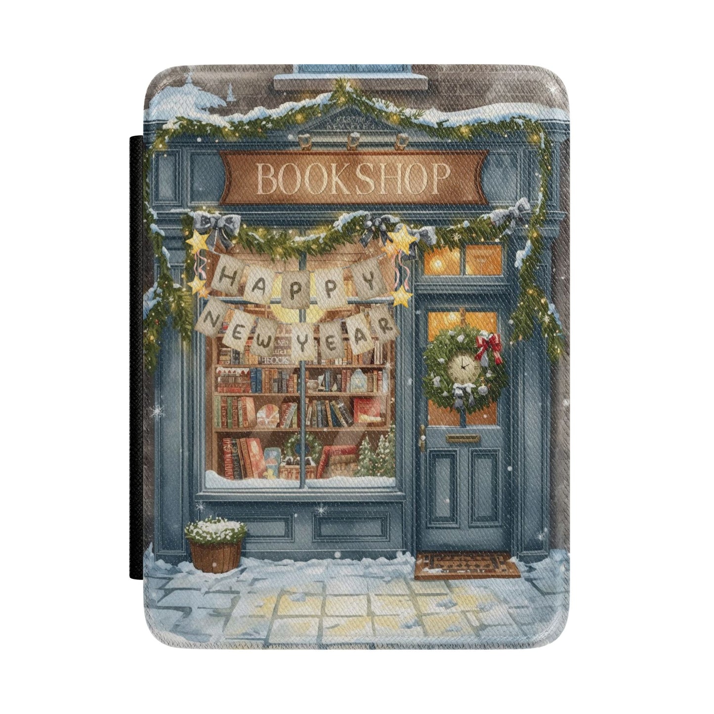 Bookshop Kindle Case — Cozy Winter Bookstore Cover, "Happy New Year" E-Reader Sleeve