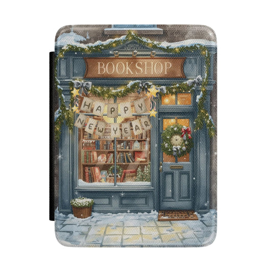 Bookshop Kindle Case — Cozy Winter Bookstore Cover, "Happy New Year" E-Reader Sleeve