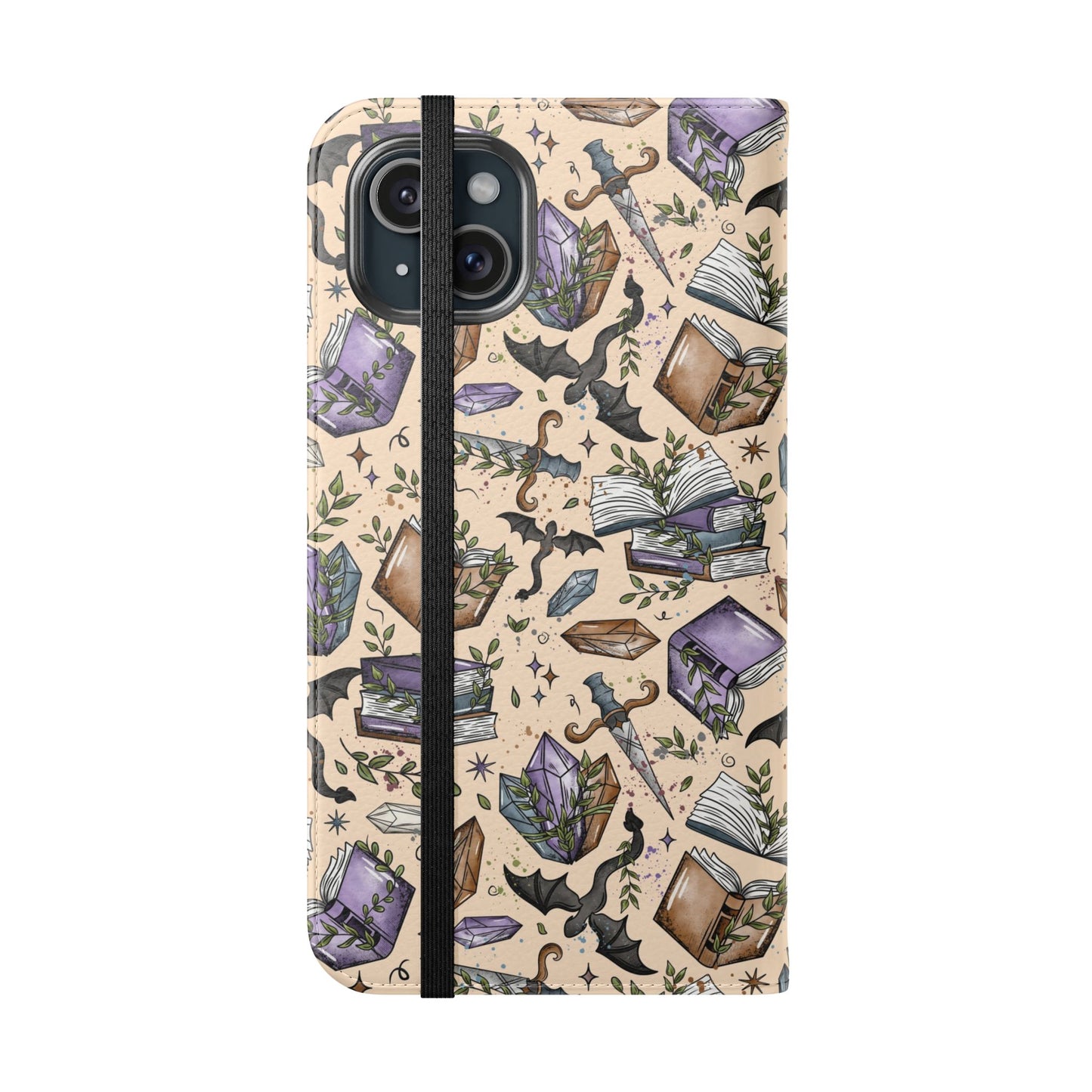Witchy Bookish Flip Phone Case – Crystal, Bat & Spellbook Wallet Cover