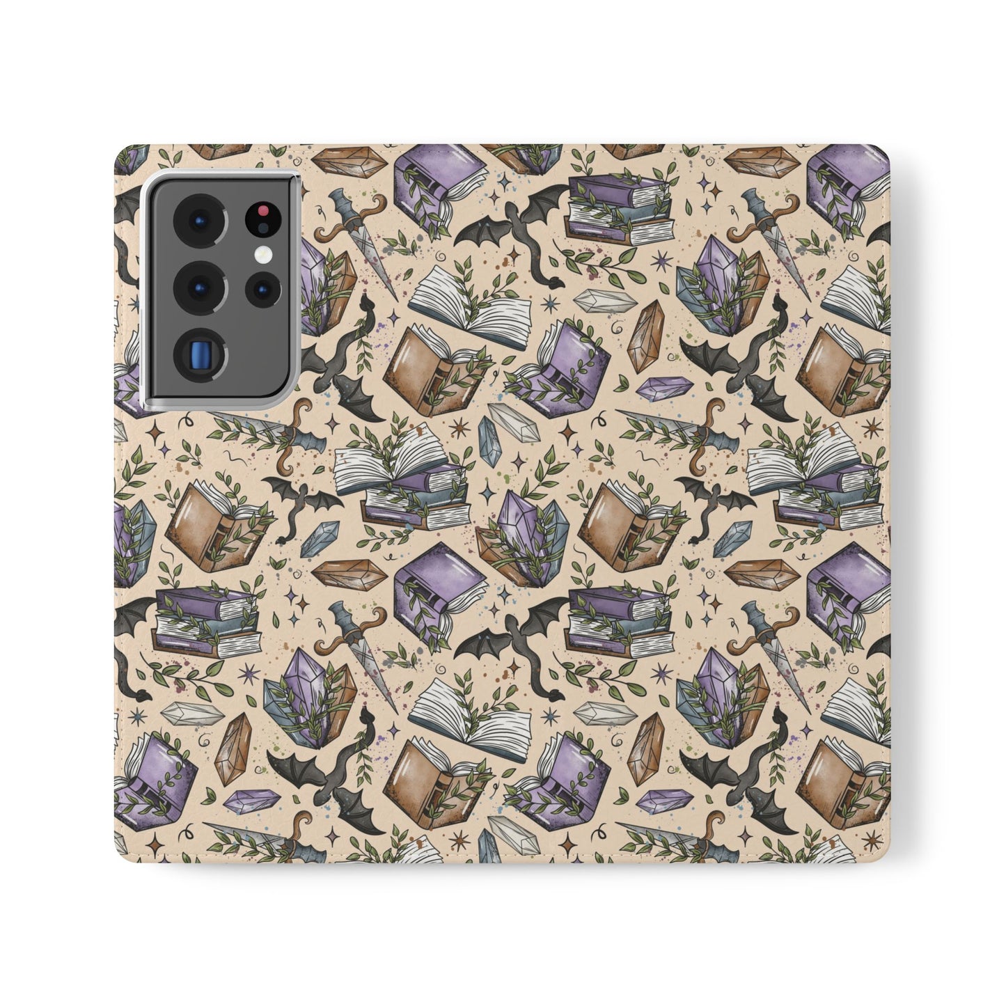 Witchy Bookish Flip Phone Case – Crystal, Bat & Spellbook Wallet Cover