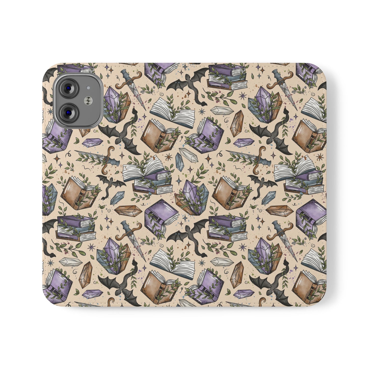 Witchy Bookish Flip Phone Case – Crystal, Bat & Spellbook Wallet Cover