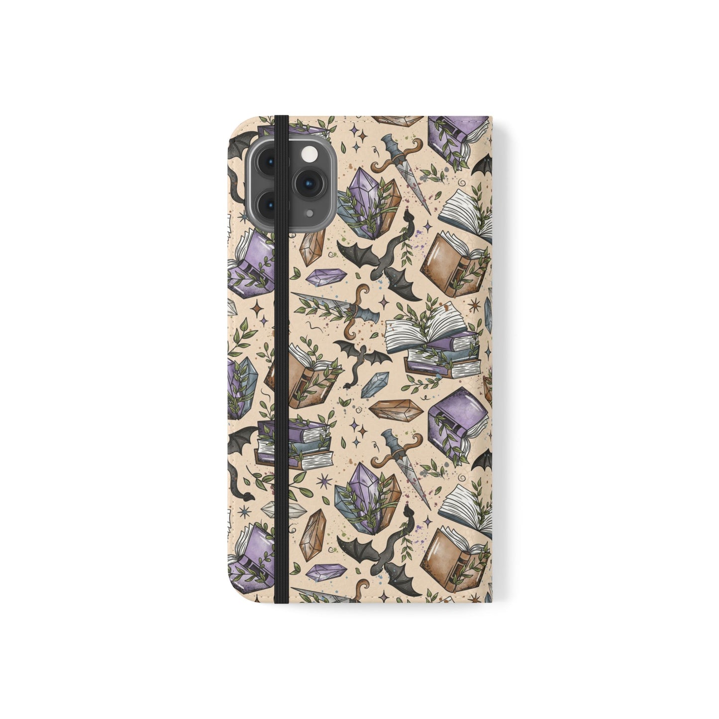 Witchy Bookish Flip Phone Case – Crystal, Bat & Spellbook Wallet Cover