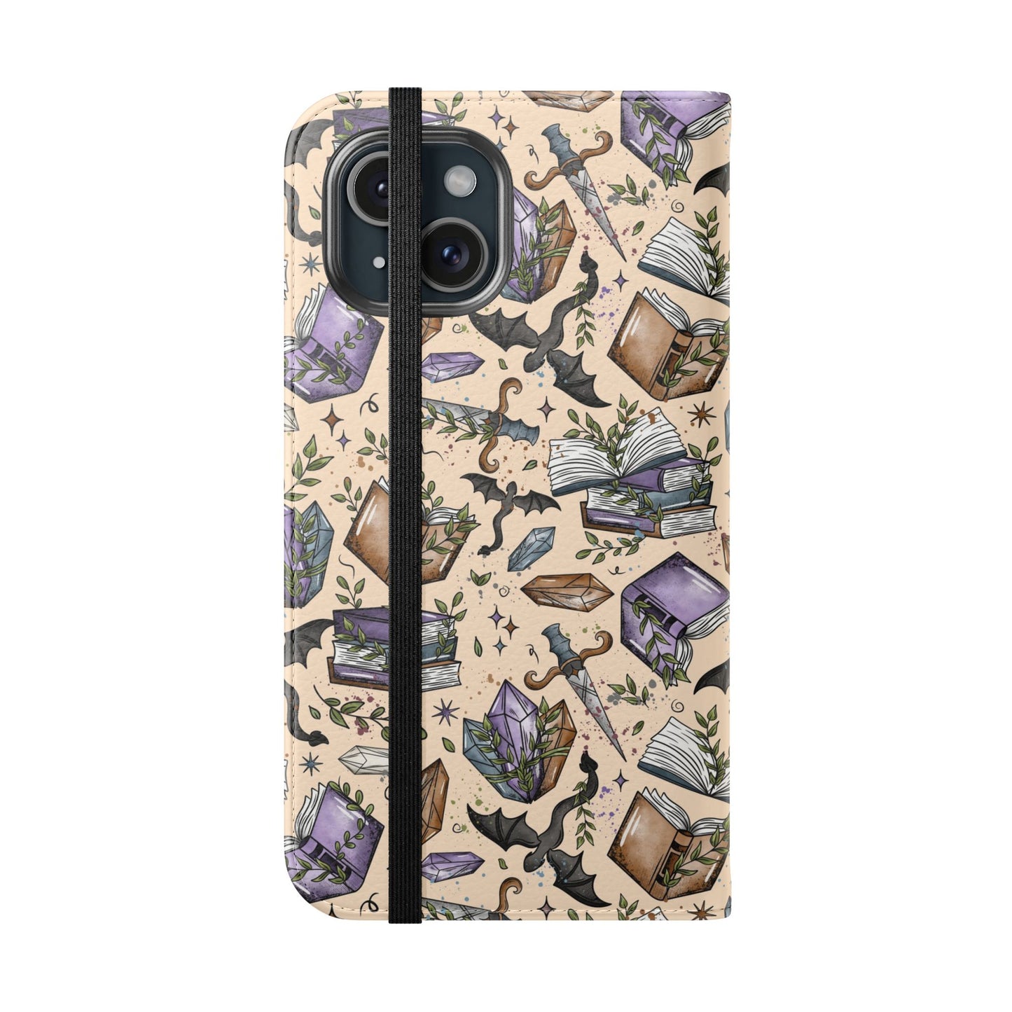 Witchy Bookish Flip Phone Case – Crystal, Bat & Spellbook Wallet Cover