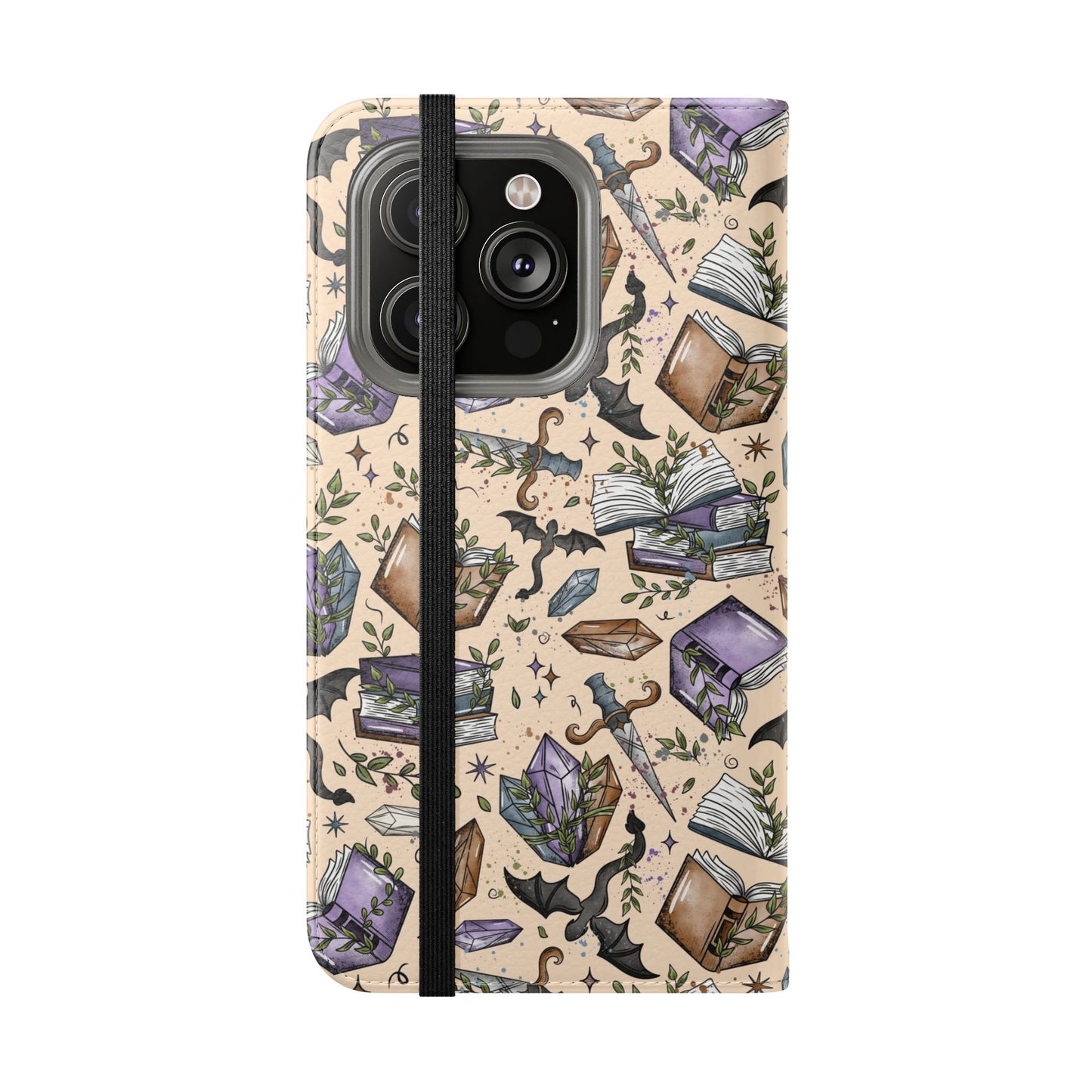 Witchy Bookish Flip Phone Case – Crystal, Bat & Spellbook Wallet Cover