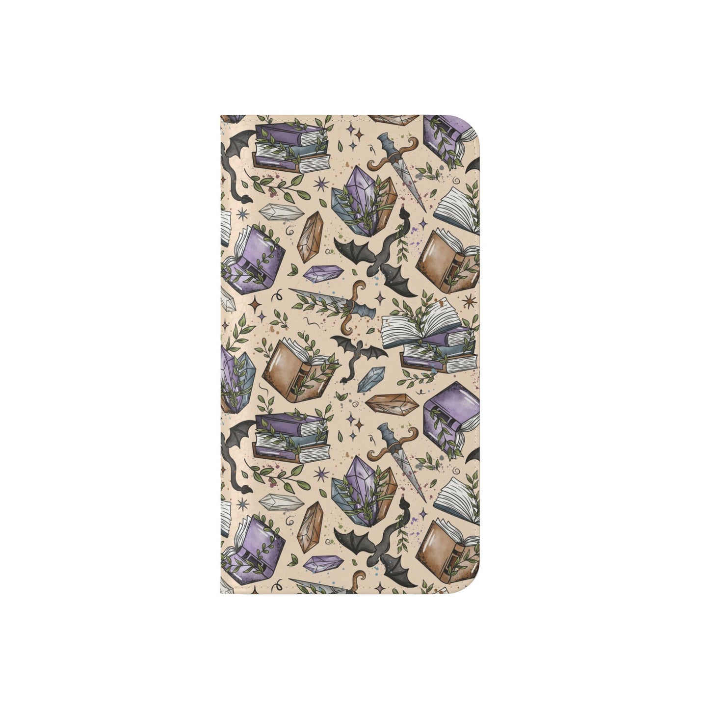 Witchy Bookish Flip Phone Case – Crystal, Bat & Spellbook Wallet Cover