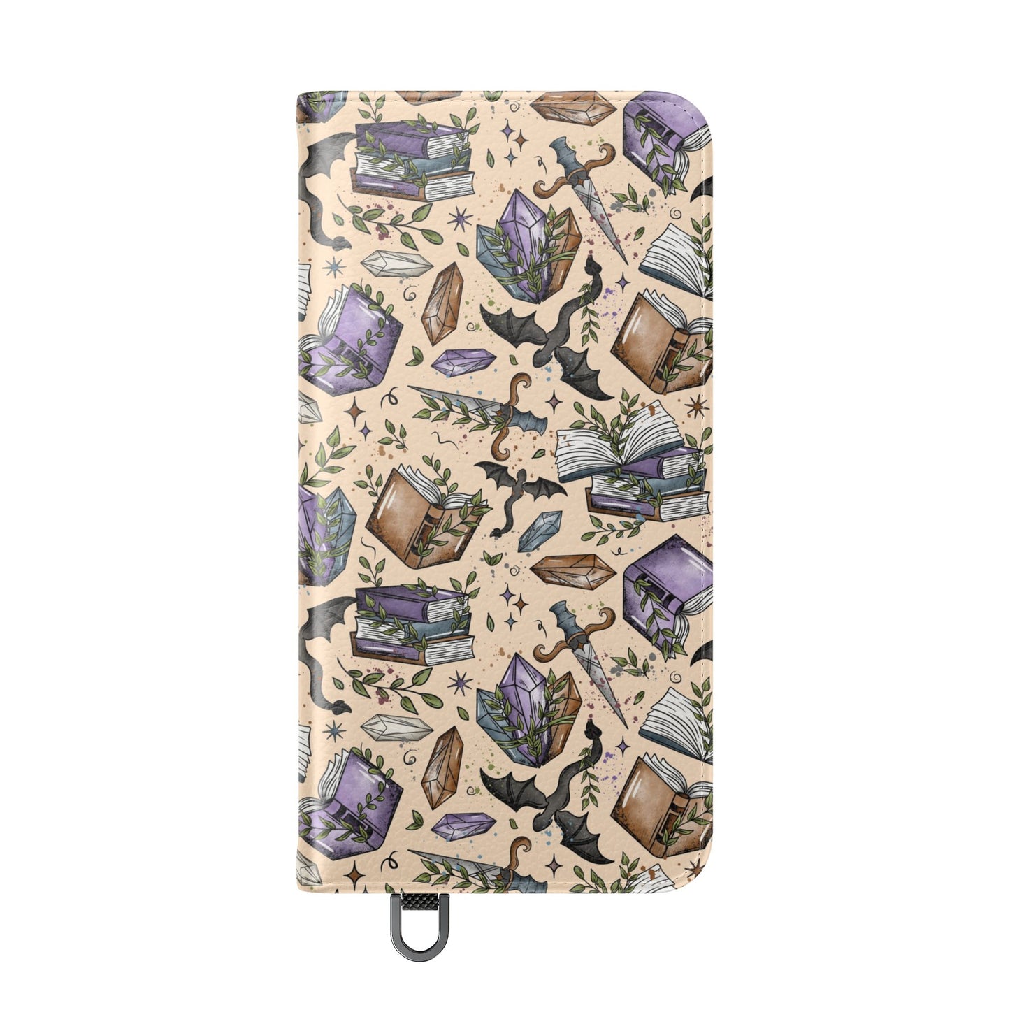 Witchy Bookish Flip Phone Case – Crystal, Bat & Spellbook Wallet Cover
