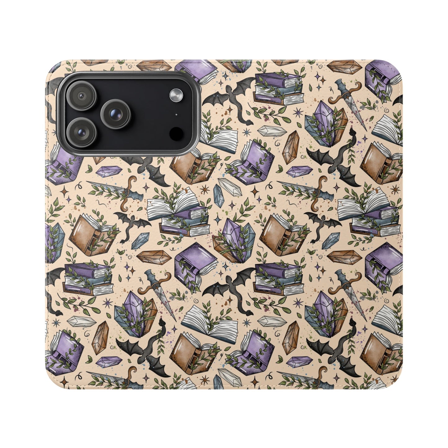 Witchy Bookish Flip Phone Case – Crystal, Bat & Spellbook Wallet Cover