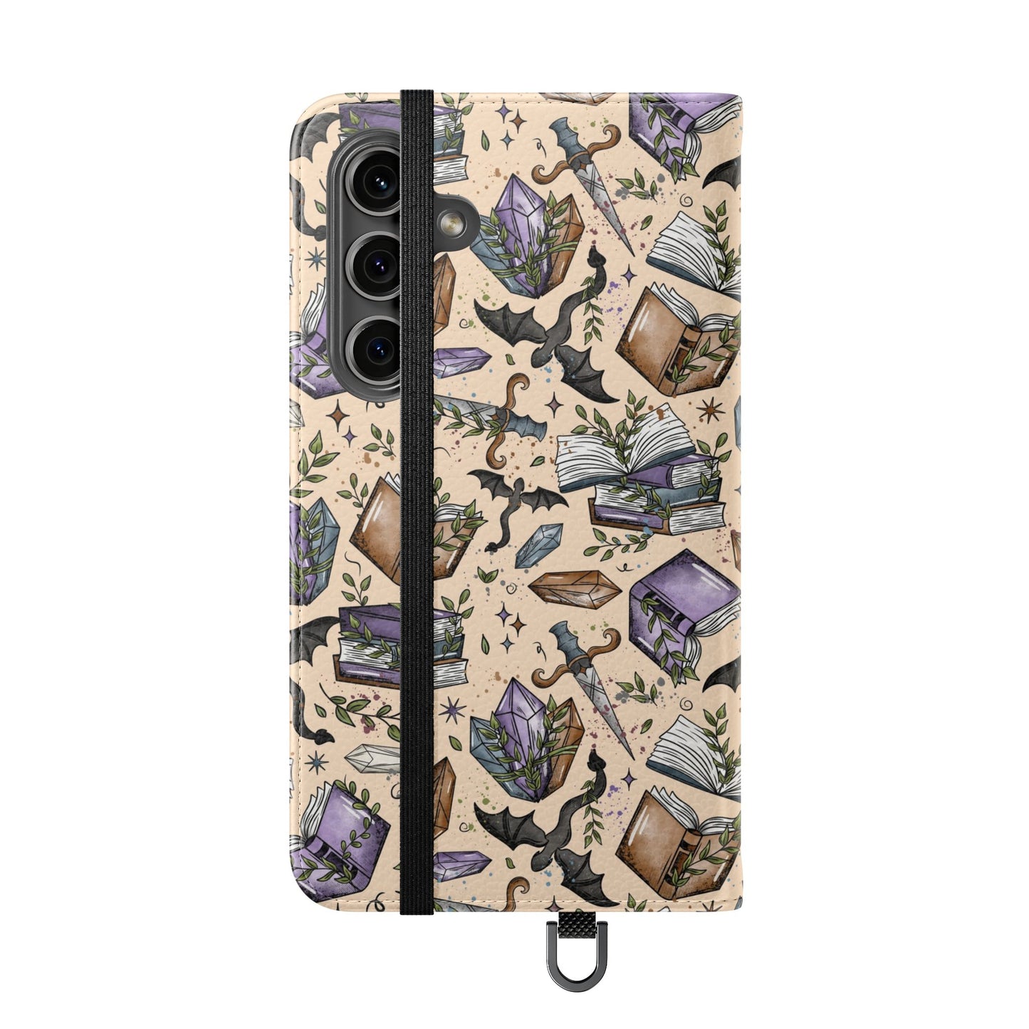 Witchy Bookish Flip Phone Case – Crystal, Bat & Spellbook Wallet Cover