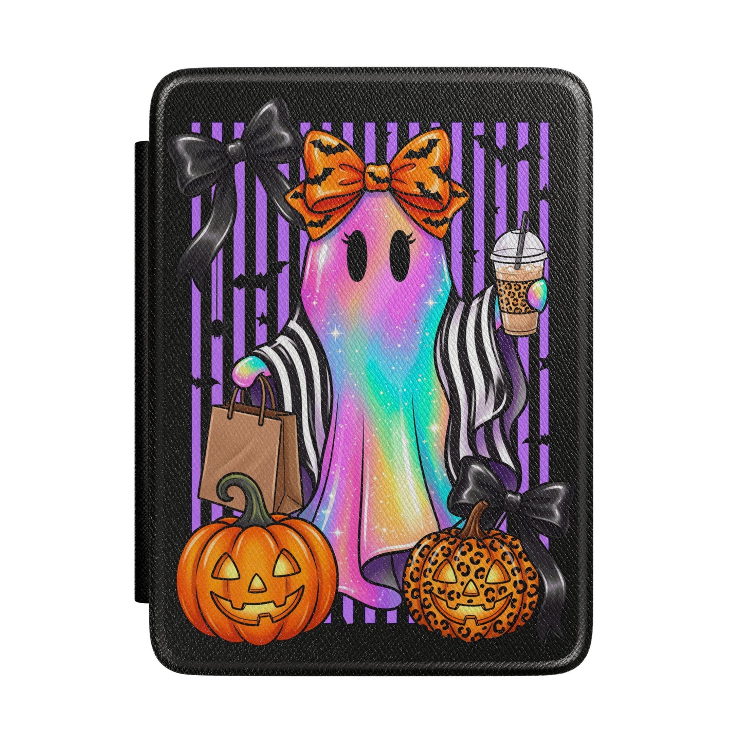 Halloween Rainbow Ghost Kindle Case — Cute Pumpkin & Coffee E-Reader Cover