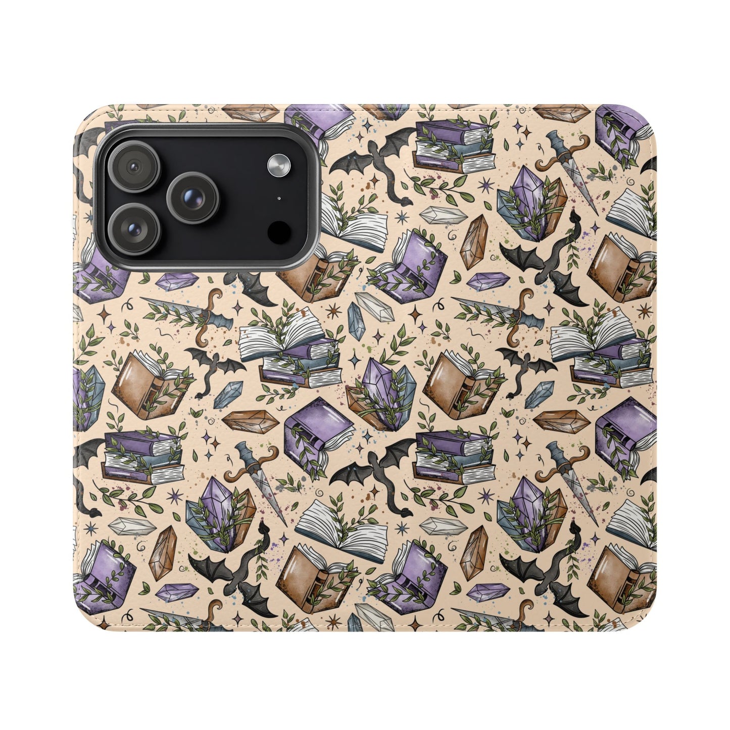 Witchy Bookish Flip Phone Case – Crystal, Bat & Spellbook Wallet Cover