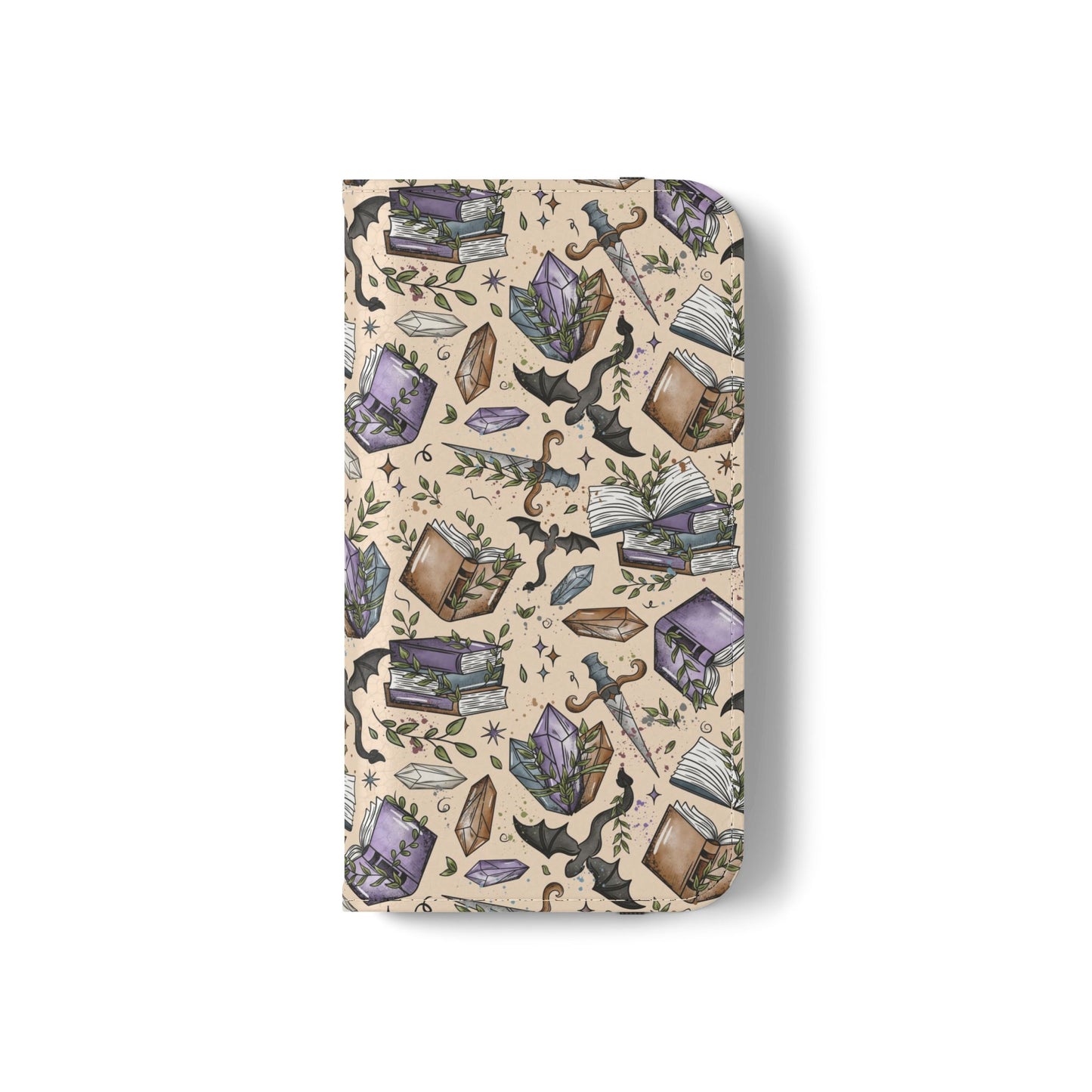 Witchy Bookish Flip Phone Case – Crystal, Bat & Spellbook Wallet Cover