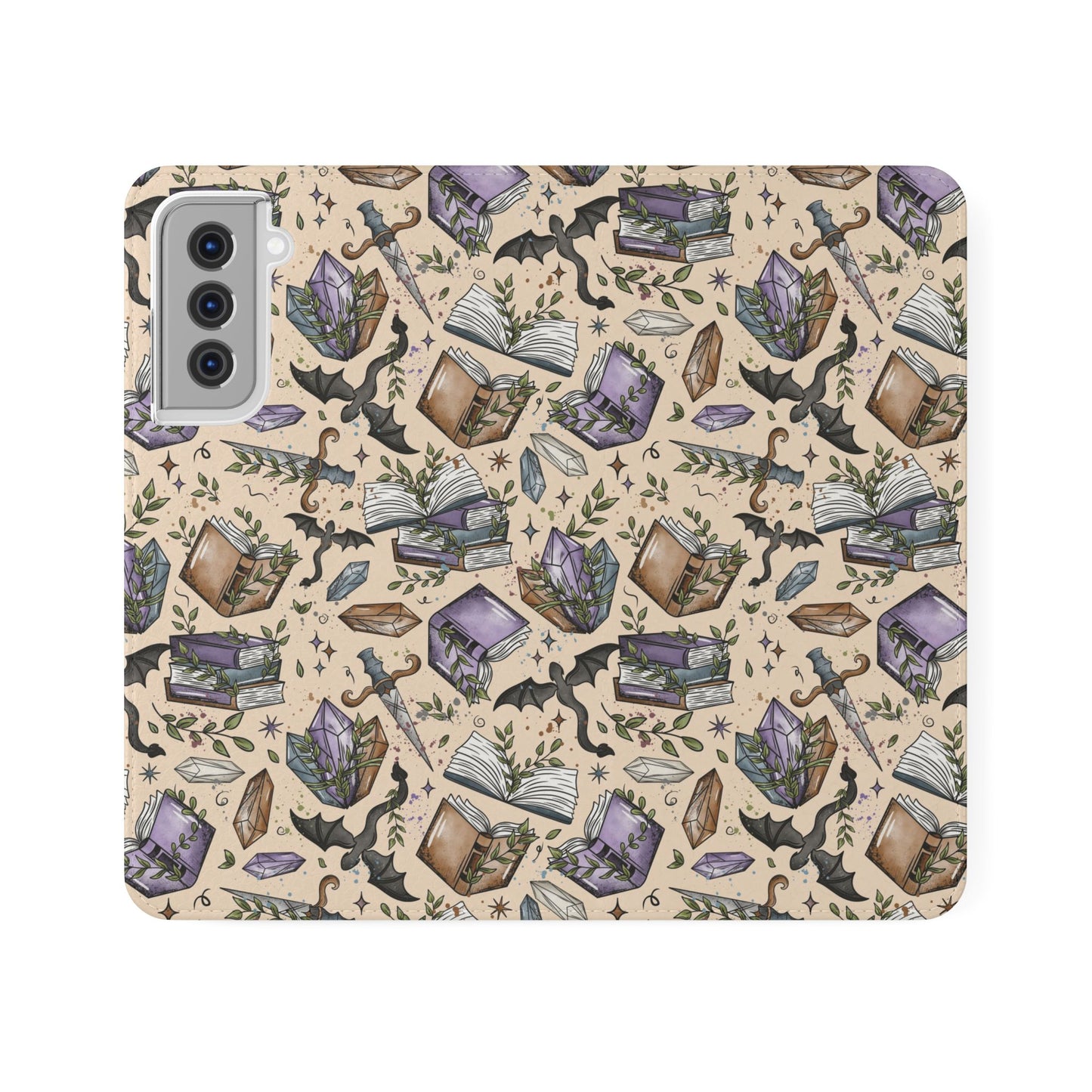 Witchy Bookish Flip Phone Case – Crystal, Bat & Spellbook Wallet Cover