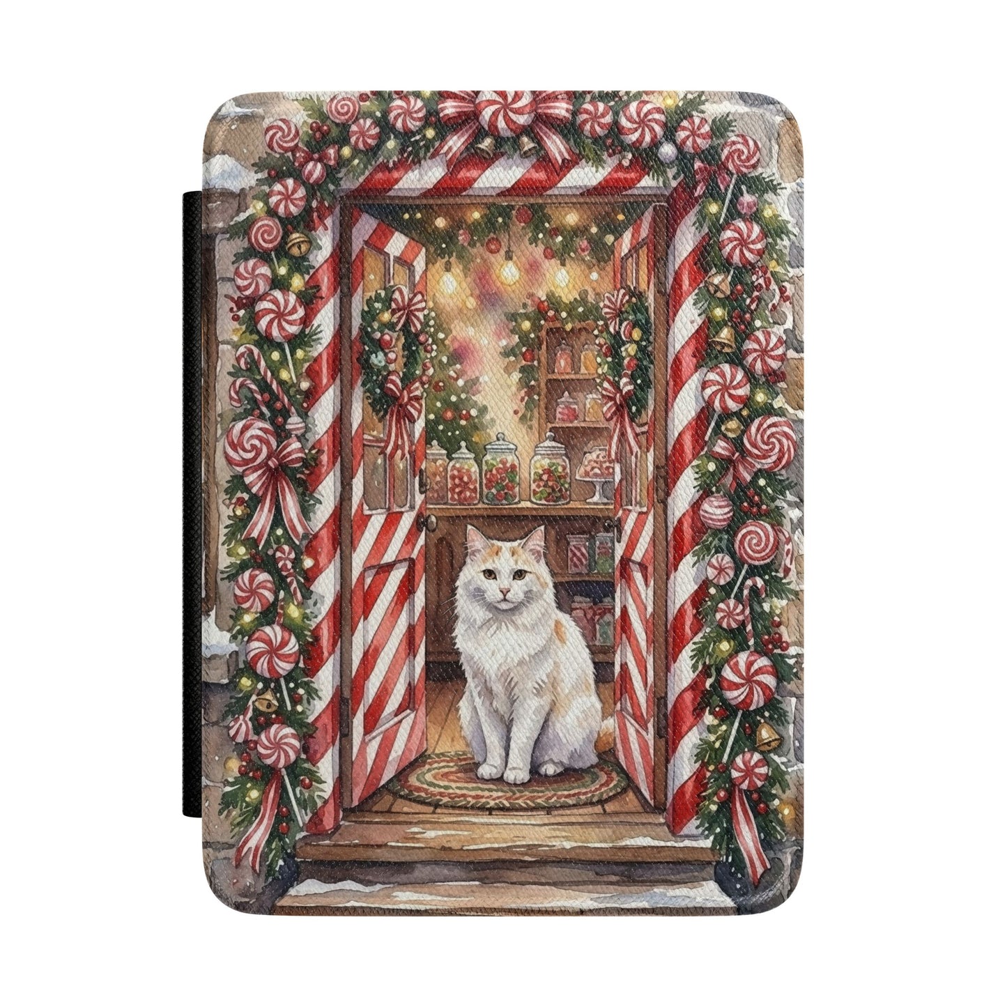 Christmas Cat Kindle Case - Festive Candy-Cane Doorway E-Reader Cover