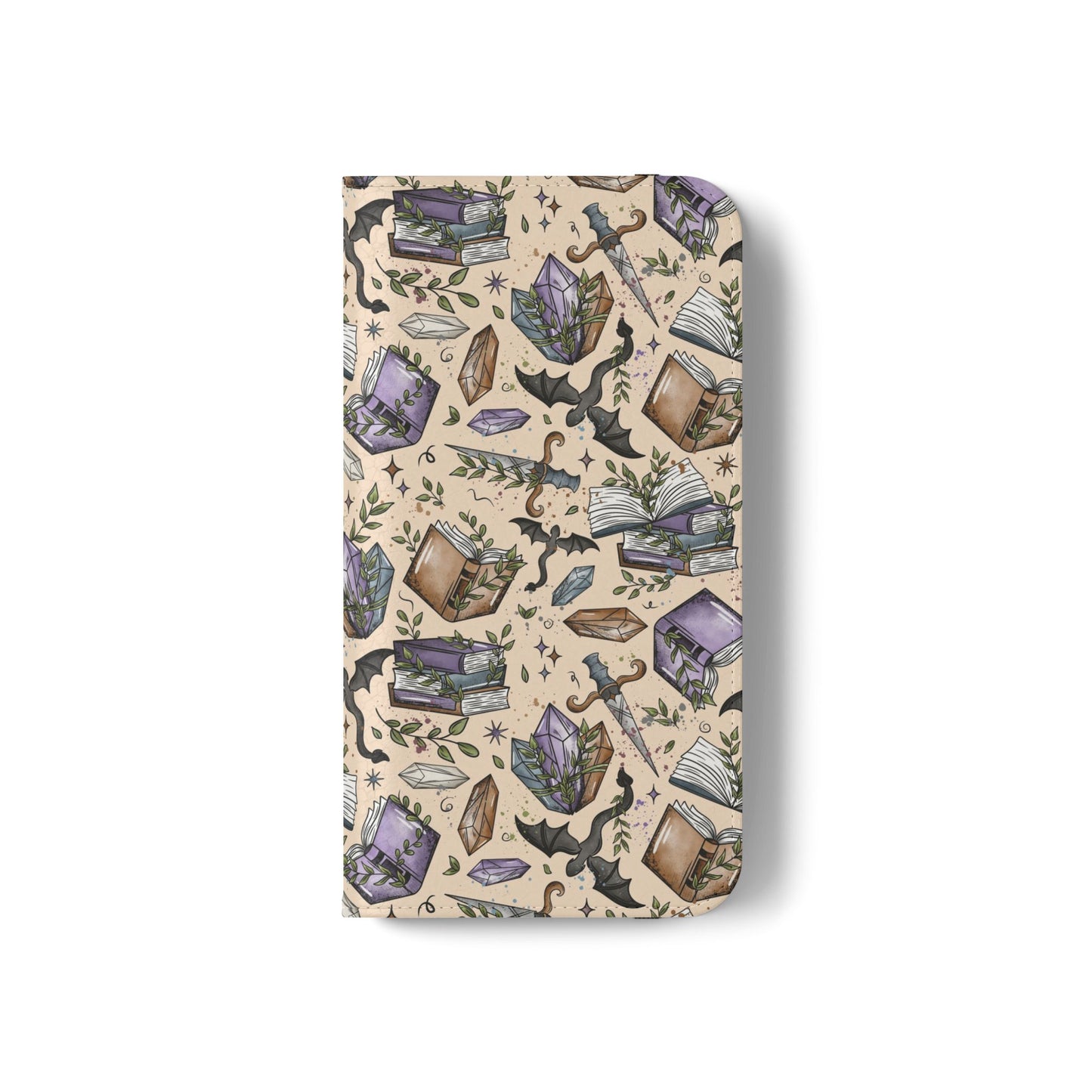 Witchy Bookish Flip Phone Case – Crystal, Bat & Spellbook Wallet Cover