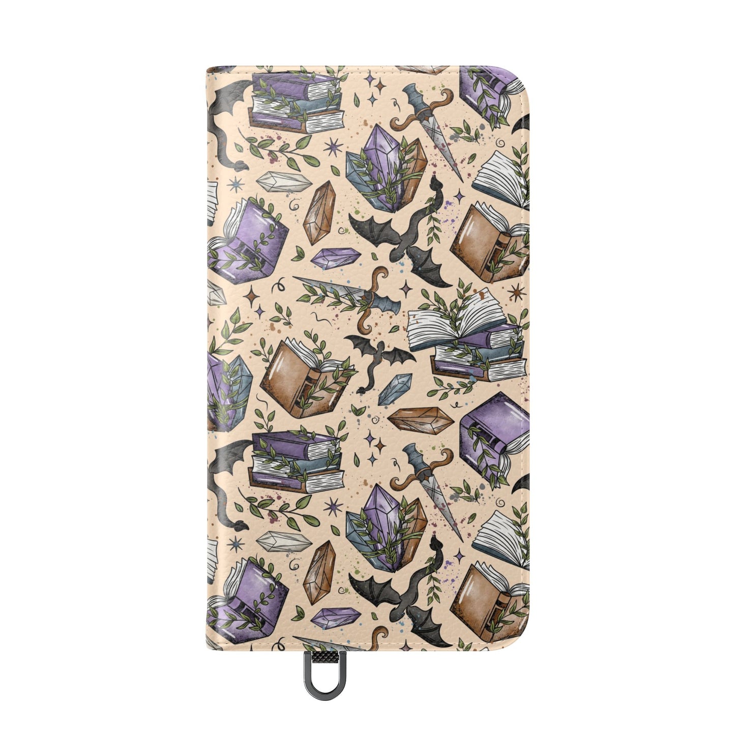 Witchy Bookish Flip Phone Case – Crystal, Bat & Spellbook Wallet Cover