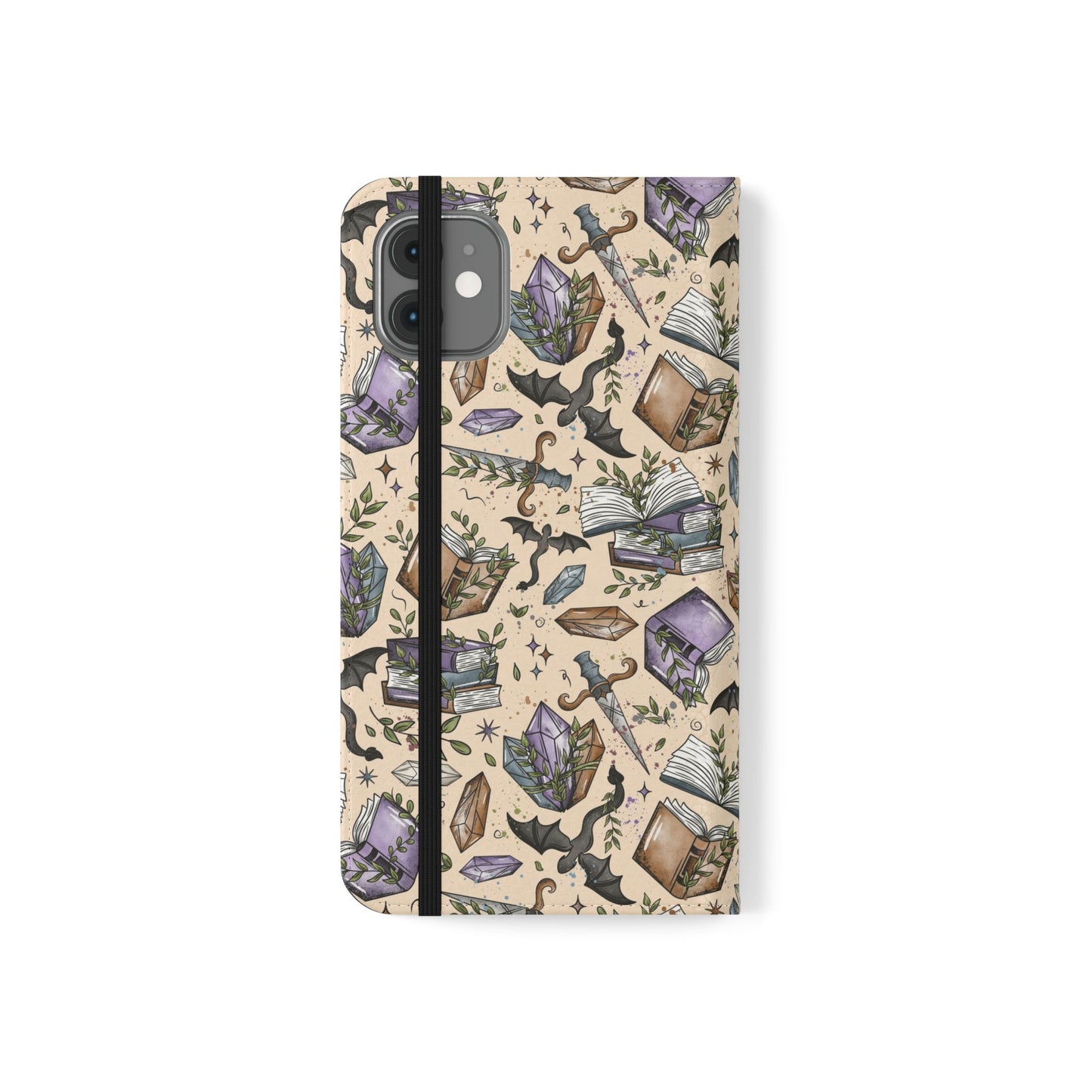 Witchy Bookish Flip Phone Case – Crystal, Bat & Spellbook Wallet Cover